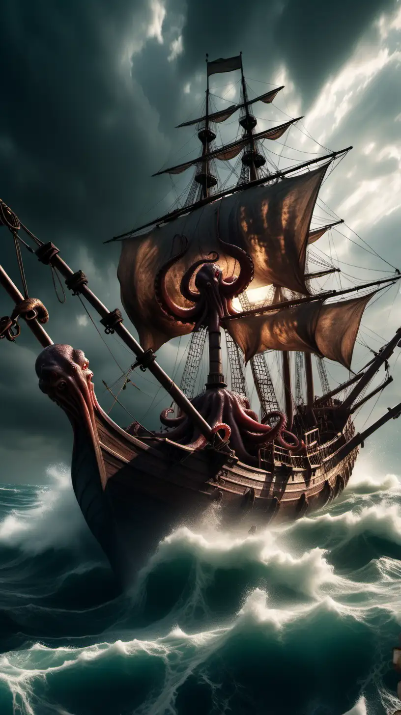 Medieval ship facing imminent doom in chaotic waters, giant octopus attack, dramatic scene of peril and struggle, Realistic Photography, 300mm+ lens, High Angle Shot, Sunlight Filtering Through Water, High Resolution (64K)