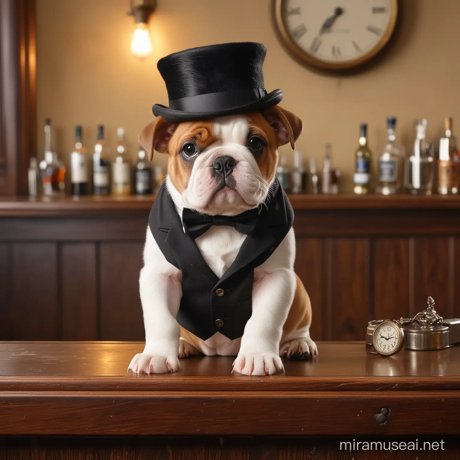 a realistic bull dog puppy wearing a top hat and pocket watch, sitting on top of a bar counter