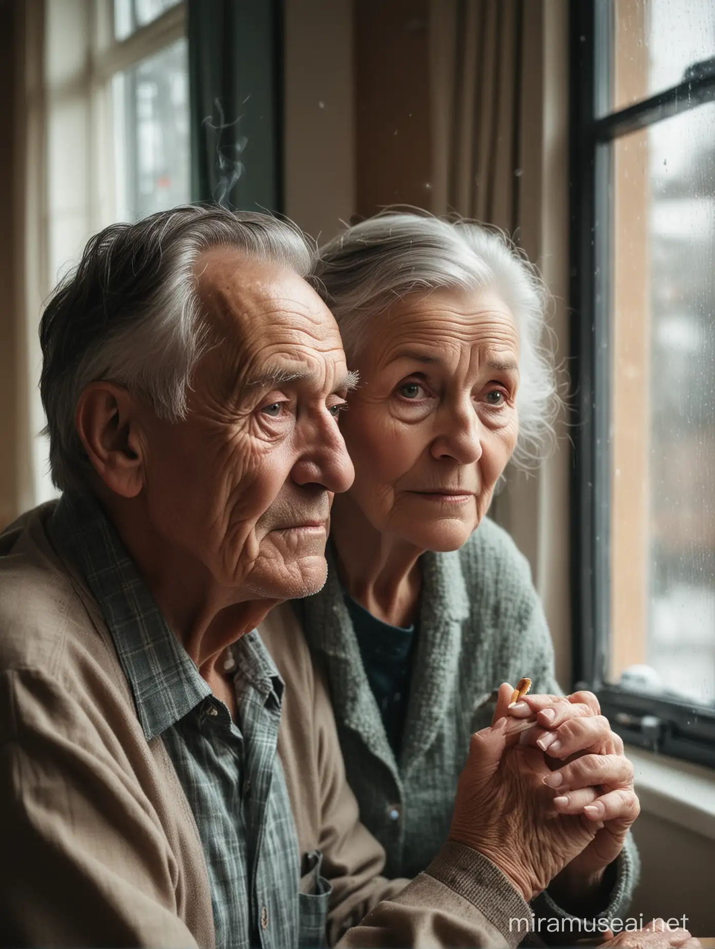 Photo of an old man and an old woman in love in a nursing home on a rainy day by the window. Smoking a cigarette with teary eyes
