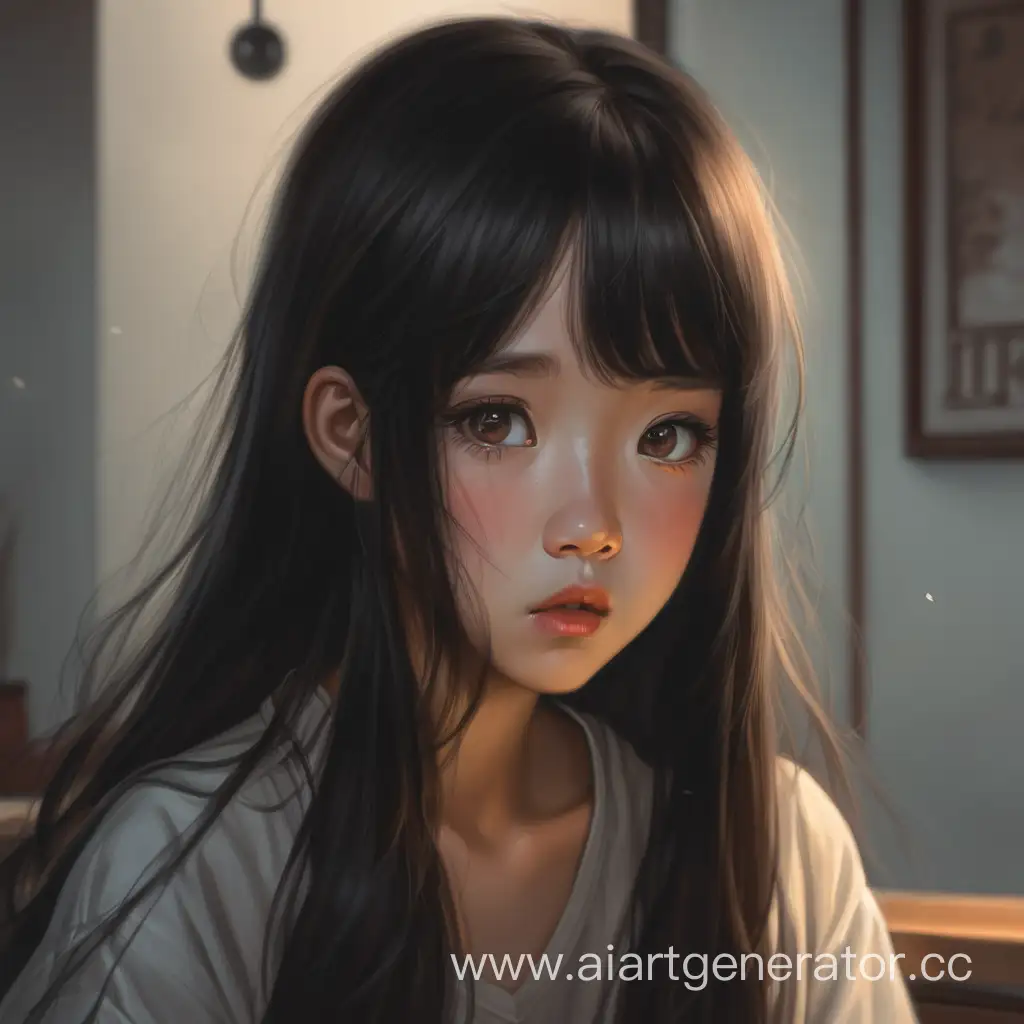 Cute half-Asian woman with long dark hair and sad eyes