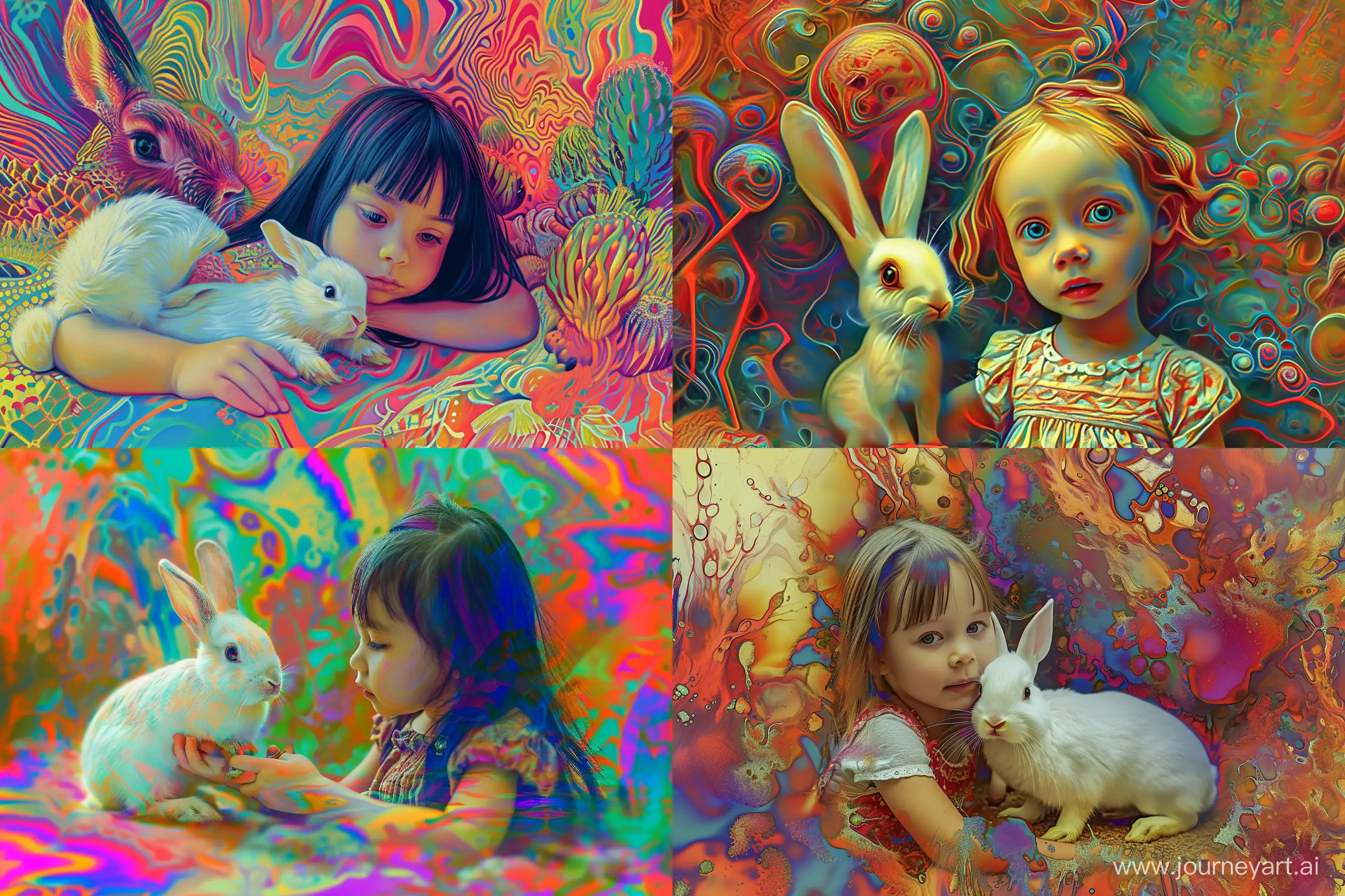 A little girl with a littl white rabbit in a vibrant and bizarre world, reminiscent of pop surrealism art. --ar 3:2