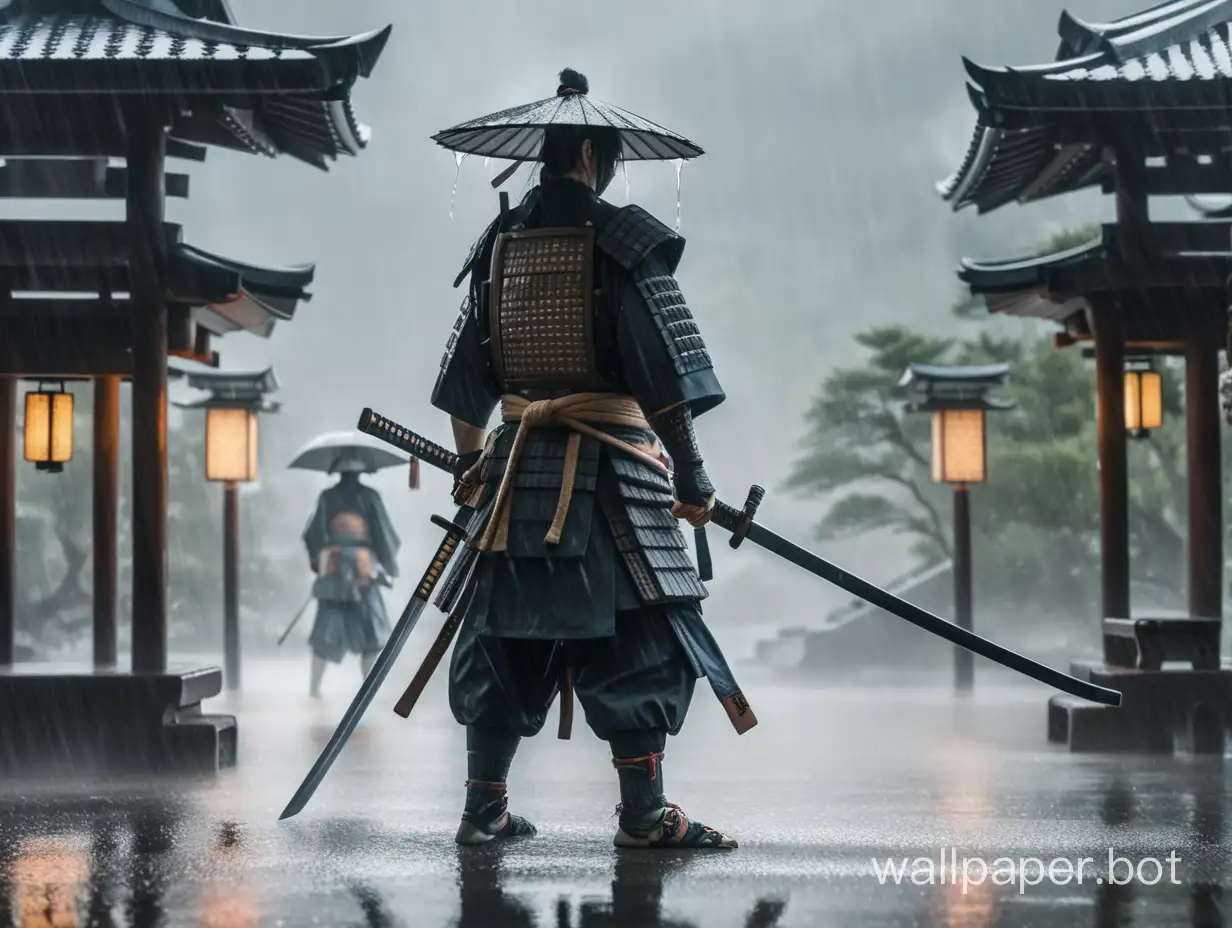 a ronin with swords stands in the rain
