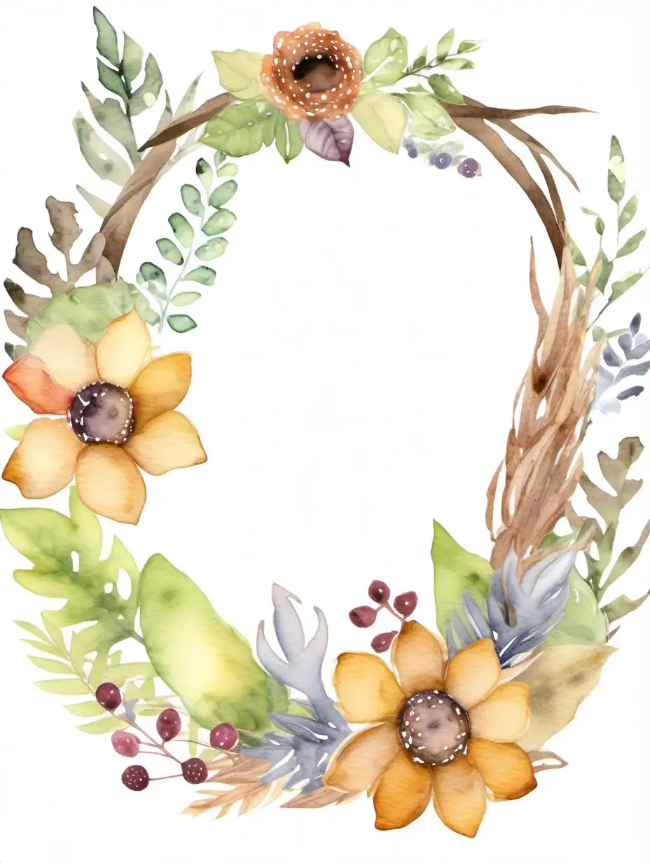 watercolour boho woodland wreath clipart, isolated background, suitable for a nursery