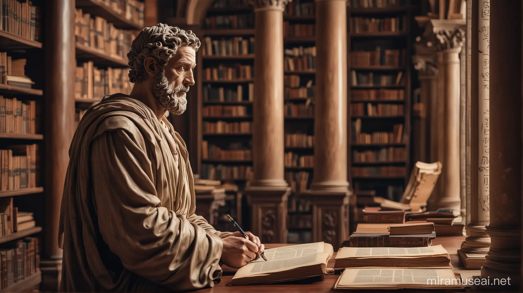 Create an image of an ancient Stoic philosopher in a professional setting. The character should be depicted [The Stoic philosopher standing in a grand library, surrounded by shelves of scrolls and books, deep in thought] reflecting the principles of Stoicism
