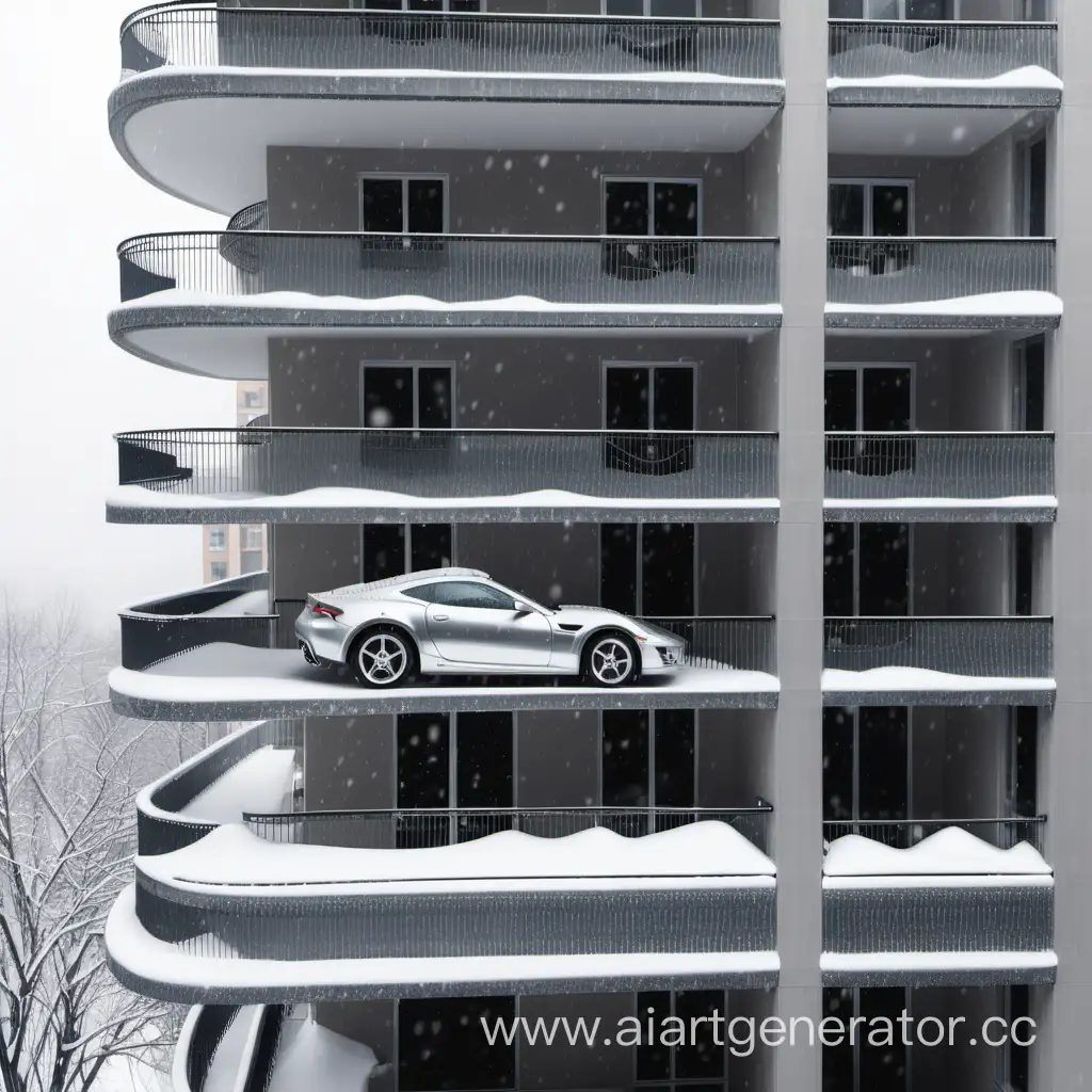 Серебристый спорткар стоит на балконе многоэтажки в снежную погоду