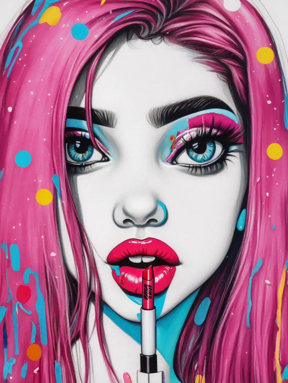 Colorful Artistic Girl with Funky Style Chewing Gum and Applying Lipstick