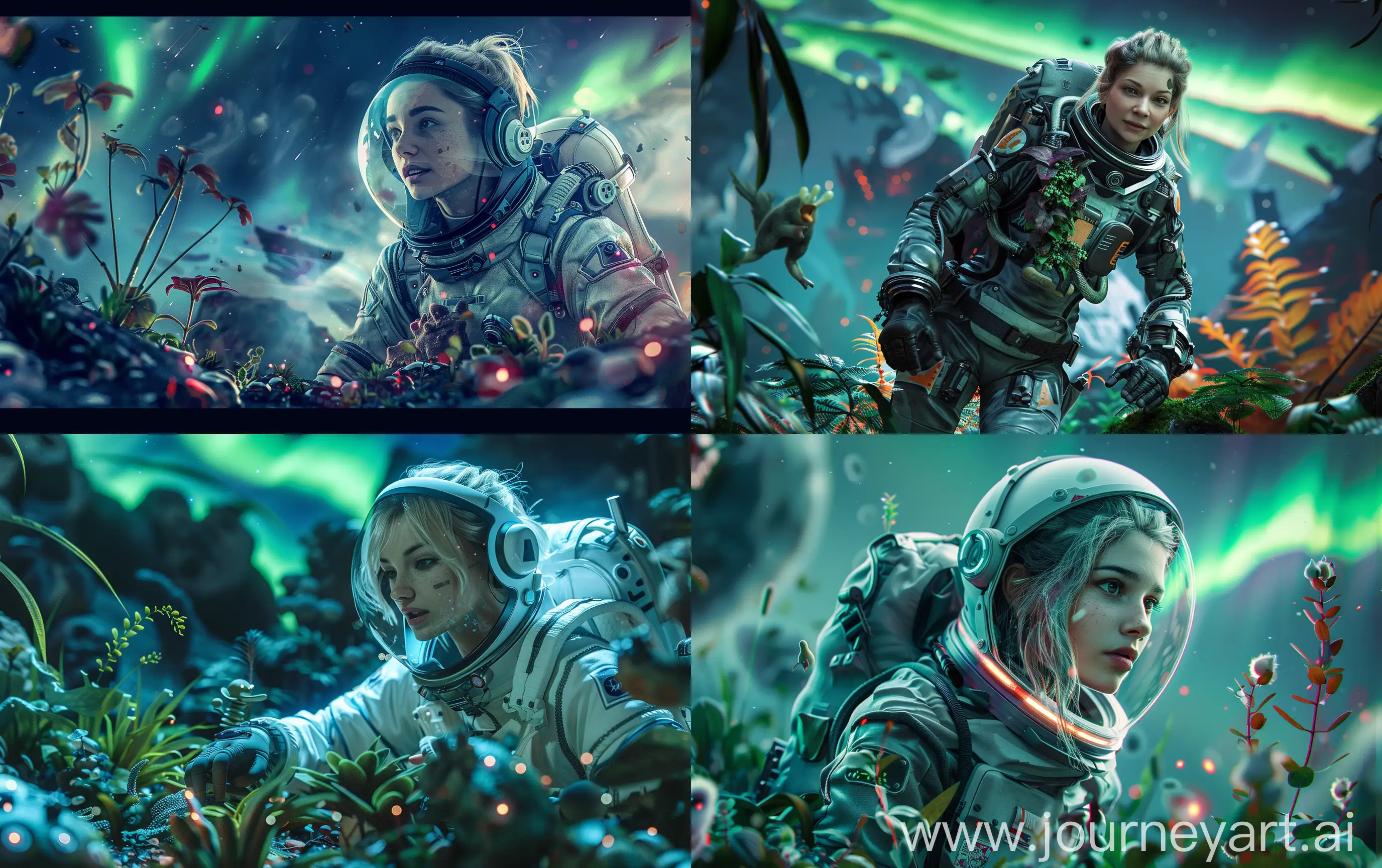 a 20-years-old fair hair attractive female in a spacesuit, she exploring an alternative planet with strange plants, friendly creatures around, sci-fi nature, northern lights anomalies at the distance, super realistic, cinematic --ar 16:10