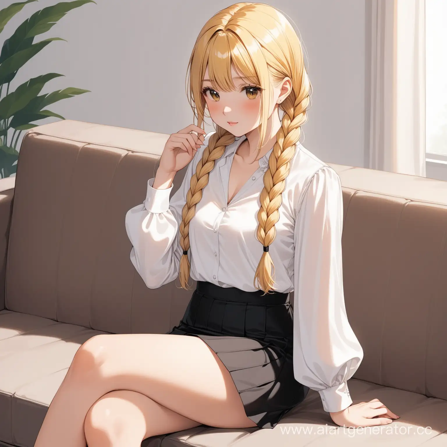 Blonde-Girl-with-Dutch-Braids-Sitting-on-Sofa-in-White-Blouse-and-Mini-Skirt
