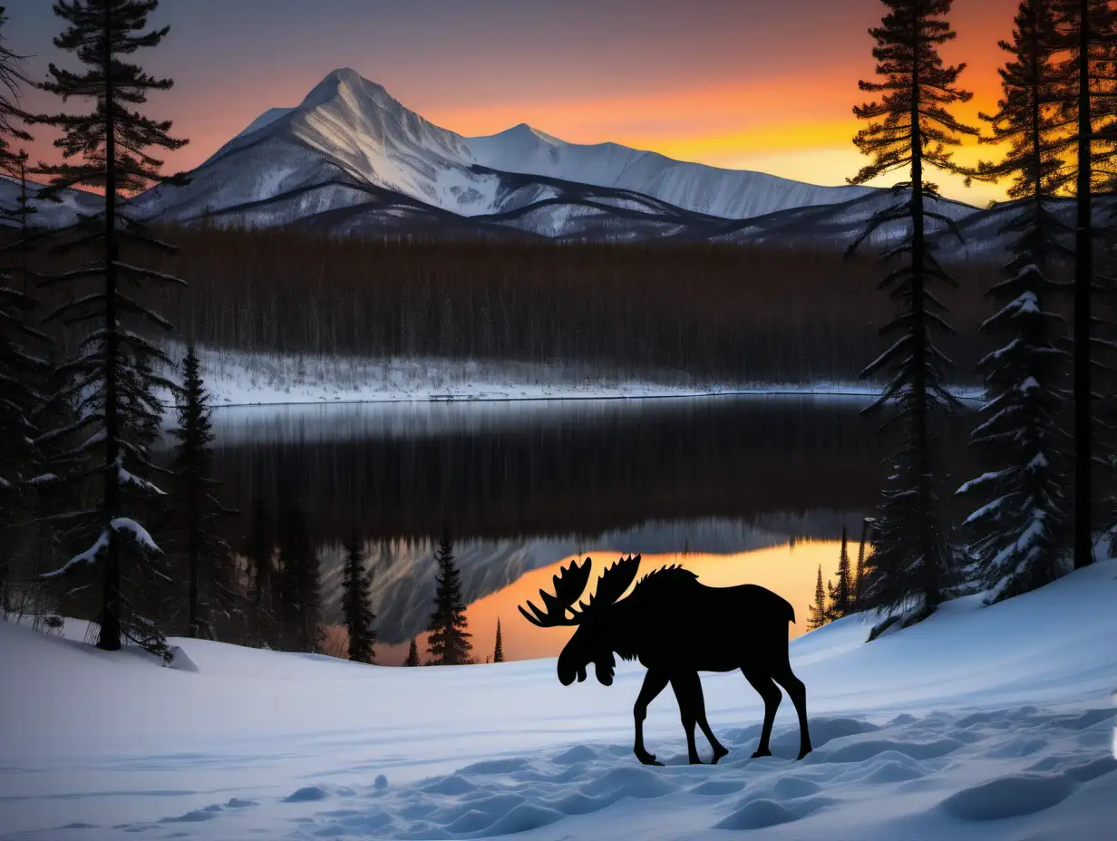 rimlit moose  black silhouette in snow forest sunset with colorful mountain and lake in background, more pine trees in foreground, 

