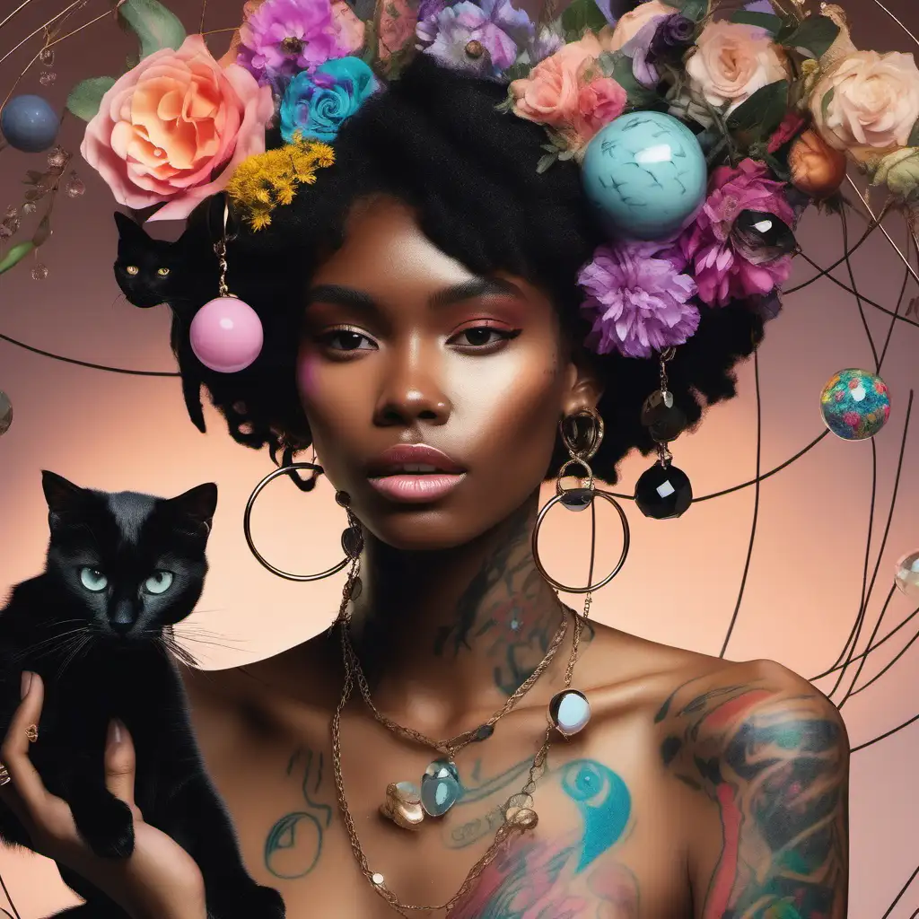 abstract black modern high fashion model with soft colorful tattoos holding a black cat.  Crystal ORBS flying around her she has pastel delicate flowers in her hair.  and big hoop earrings