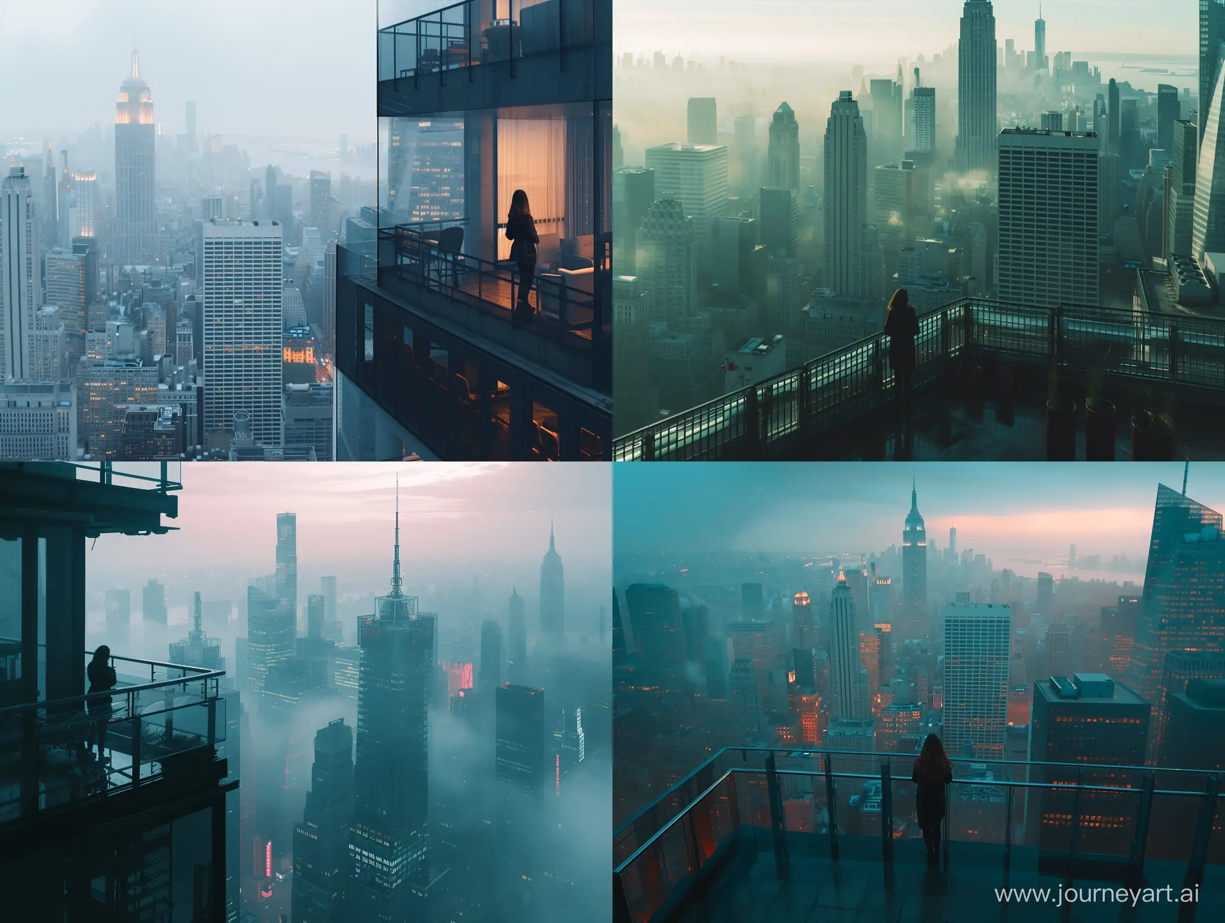 a bustling new new york city, the photo is bathed in natural lighting, relaxing setting. Shot in 4k with a high end DSLR camera. such as a Canon EOS R5 with a 50mm f/1. 2 lens, architecture, drone view, skyline, a woman is standing on a balcony, vivid, foggy, dystopian, science fiction,
