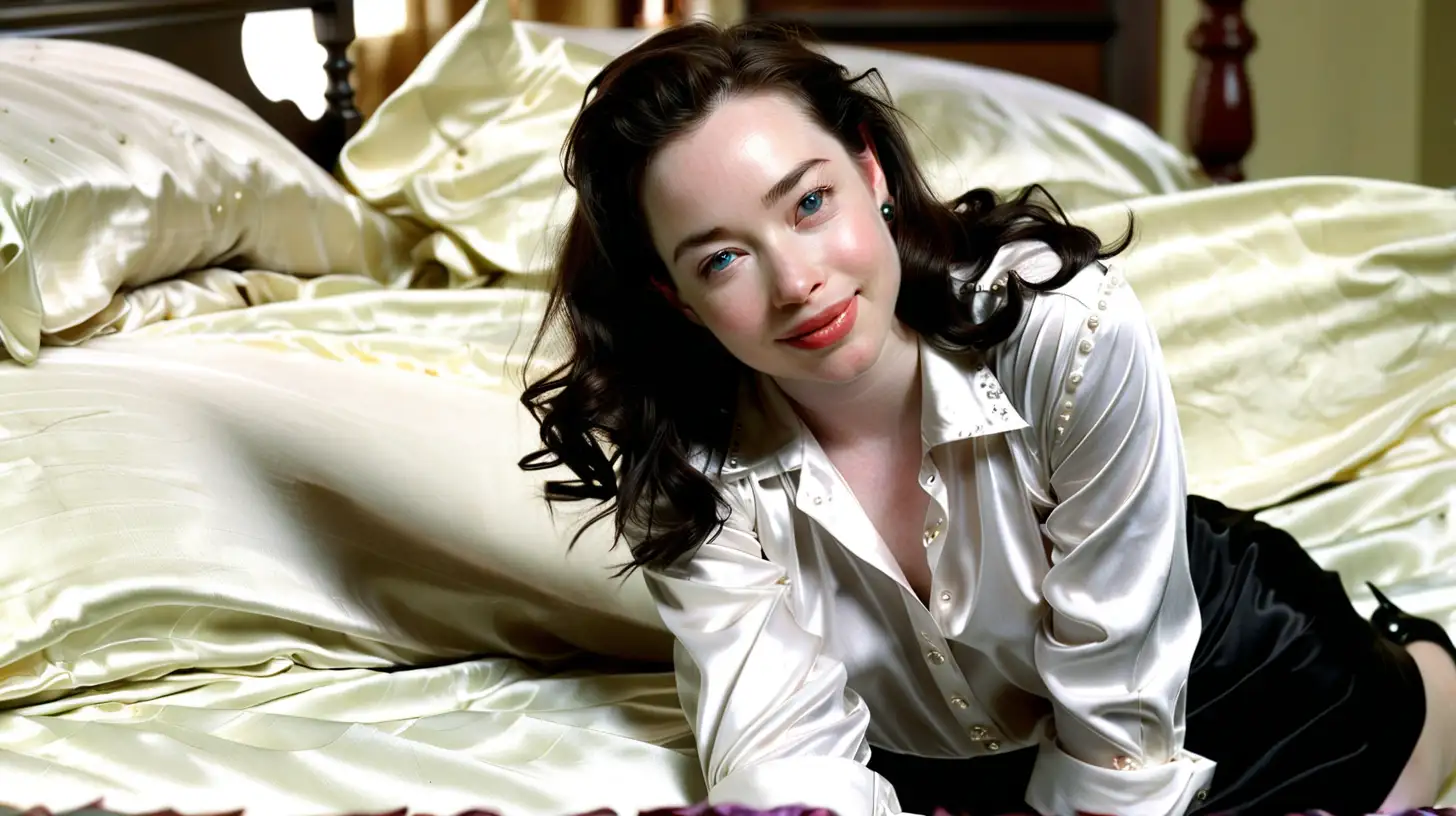 Anna Popplewell Lying on Bed in Bright Room
