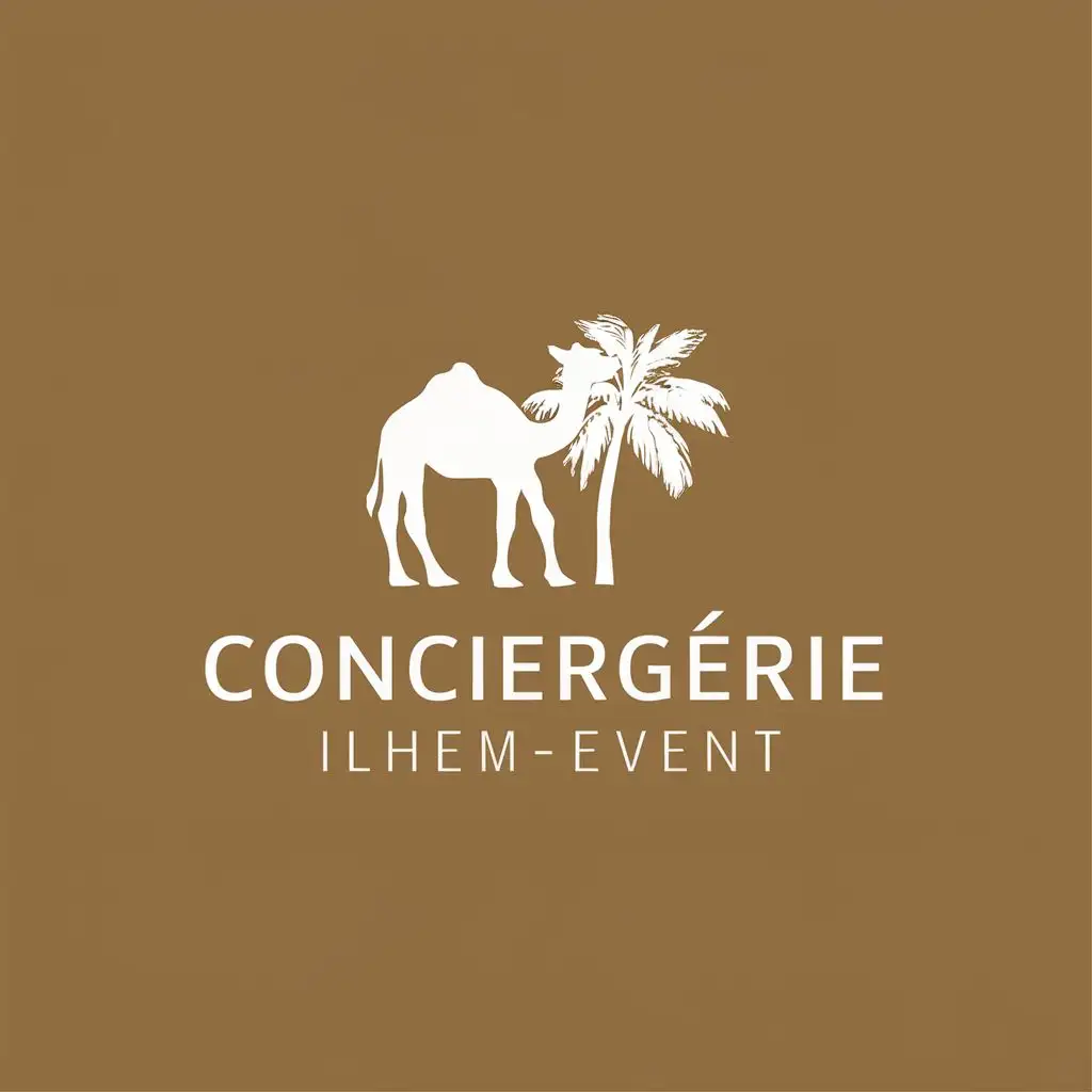 logo, camel and palm, with the text "conciergerie Ilhem-Event", typography, be used in Events industry