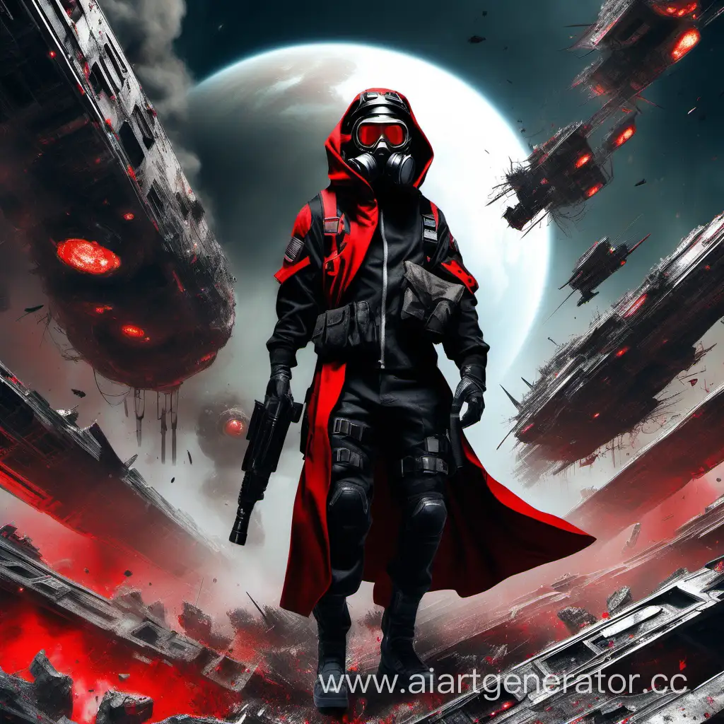 Futuristic-Soldier-in-Black-Uniform-and-Cloak-on-Destroyed-Space-Station