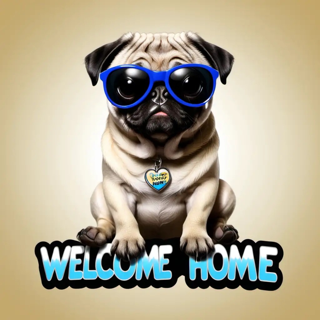 cartoon pug with sunglasses 
sitting saying welcome home--ar 4:6 --v 5.2