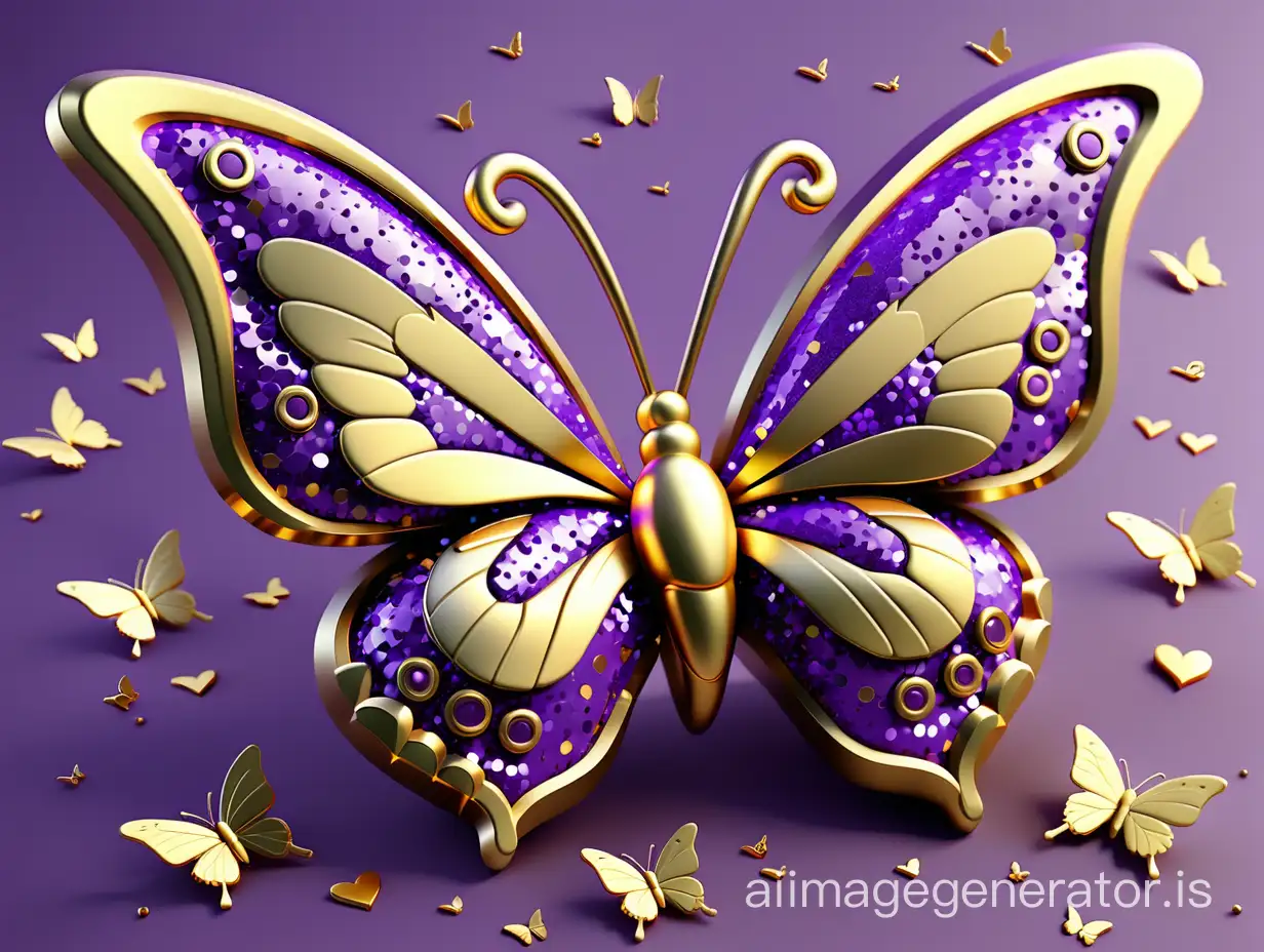 Name " Survivor " 3D gold purple glitter with gold purple heart, gold purple butterfly, gold purple peal. Everything in front 3D rendering, typography, 3d render, poster, fashion