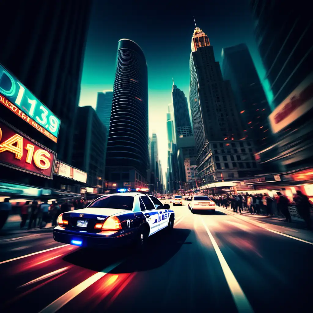 /imagine prompt: A digital art of a stolen car speeding through a bustling city street, closely pursued by a police car with flashing lights. Skyscrapers and neon signs in the background, pedestrians diving out of the way. Created Using: dynamic angles, motion blur, vibrant city lights, detailed car models, realistic textures, dramatic shadows, high-speed action, hd quality, natural look --ar 16:9 --v 6.0