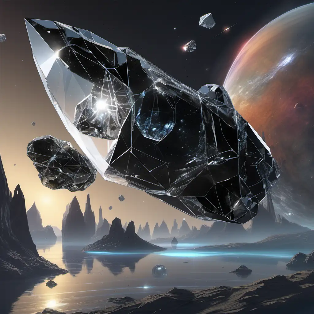 Similar to image but completely clear see-through long, multiple flat faceted, cylindrical spaceship of crystal with pointed ends, coming at the viewer at an angle. In the far background, no planet or other ships, only a round black hole that is outlined in thin light in black space.