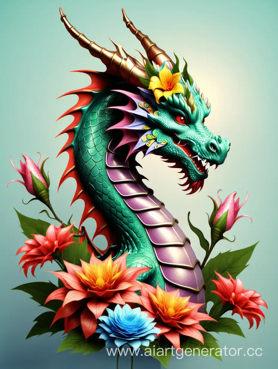 Красивый дракон с цветами поздравляет с днем рождения