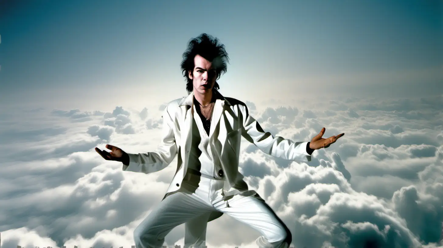 Sid Vicious dressed in white clothes in heaven with his signature poses above the clouds