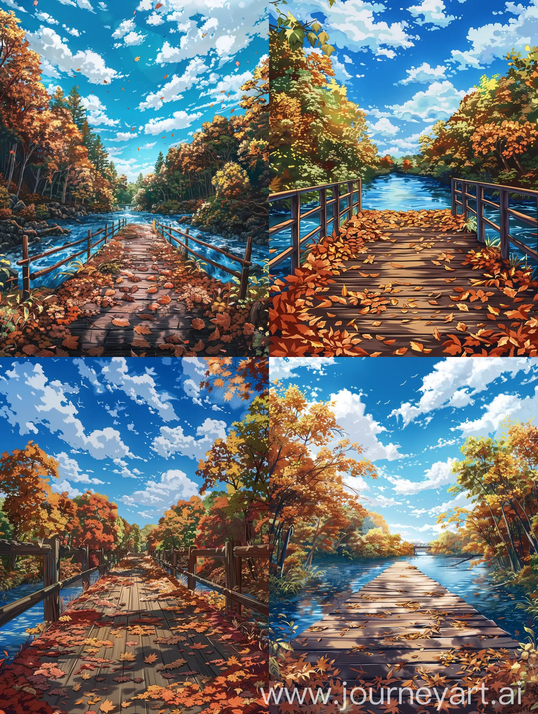 In the autumn forest there is a wide river, above which there is a wooden bridge.  The floor of this bridge is full of fallen leaves since it is autumn.  Anime style. blue sky with white clouds.