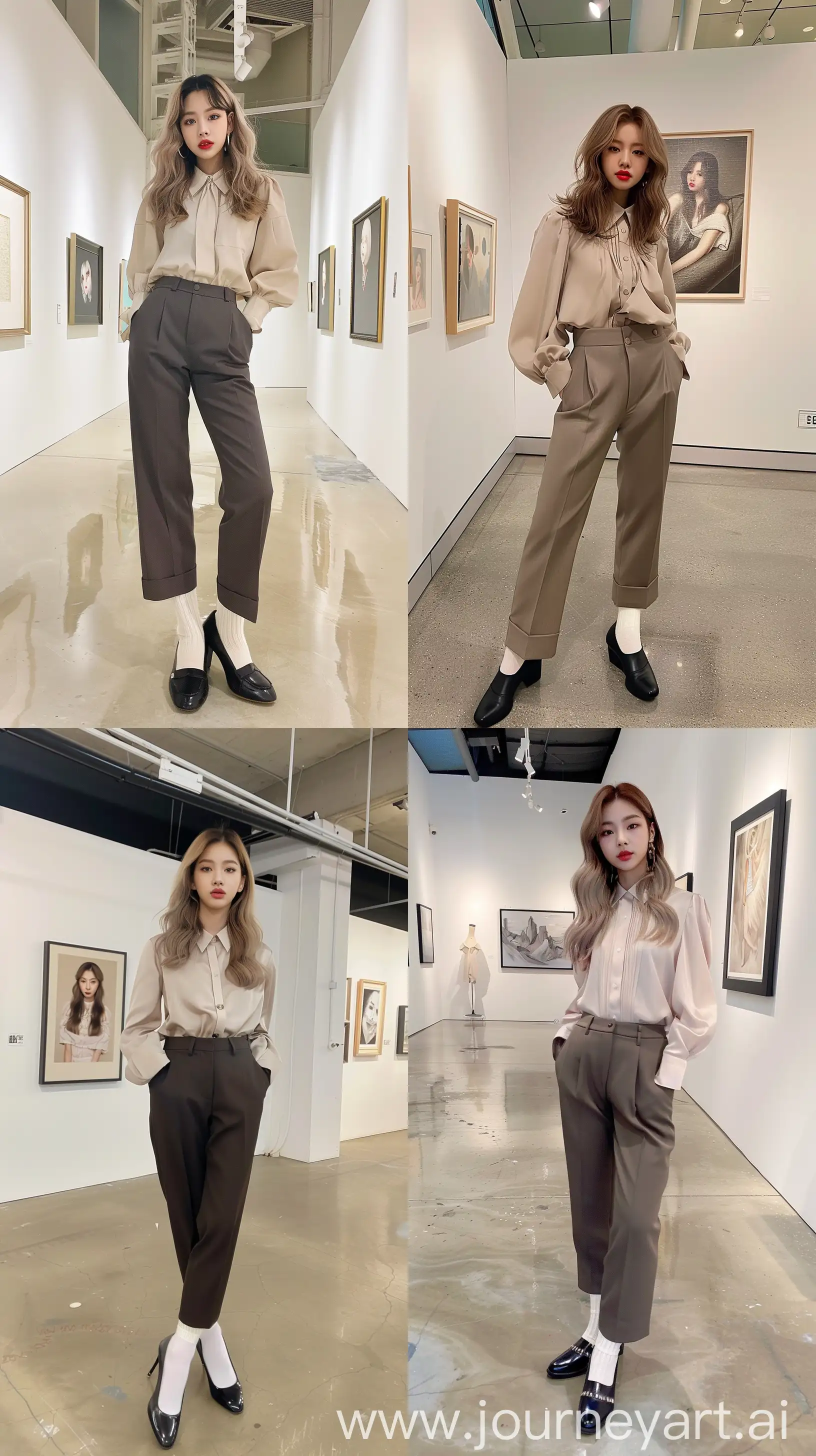 a selfie blackpink's jennie, medium wavy wolfcut hair, wearing simple blouse and suit pants, black loafers shoes, white socks, standing in art gallery --ar 9:16