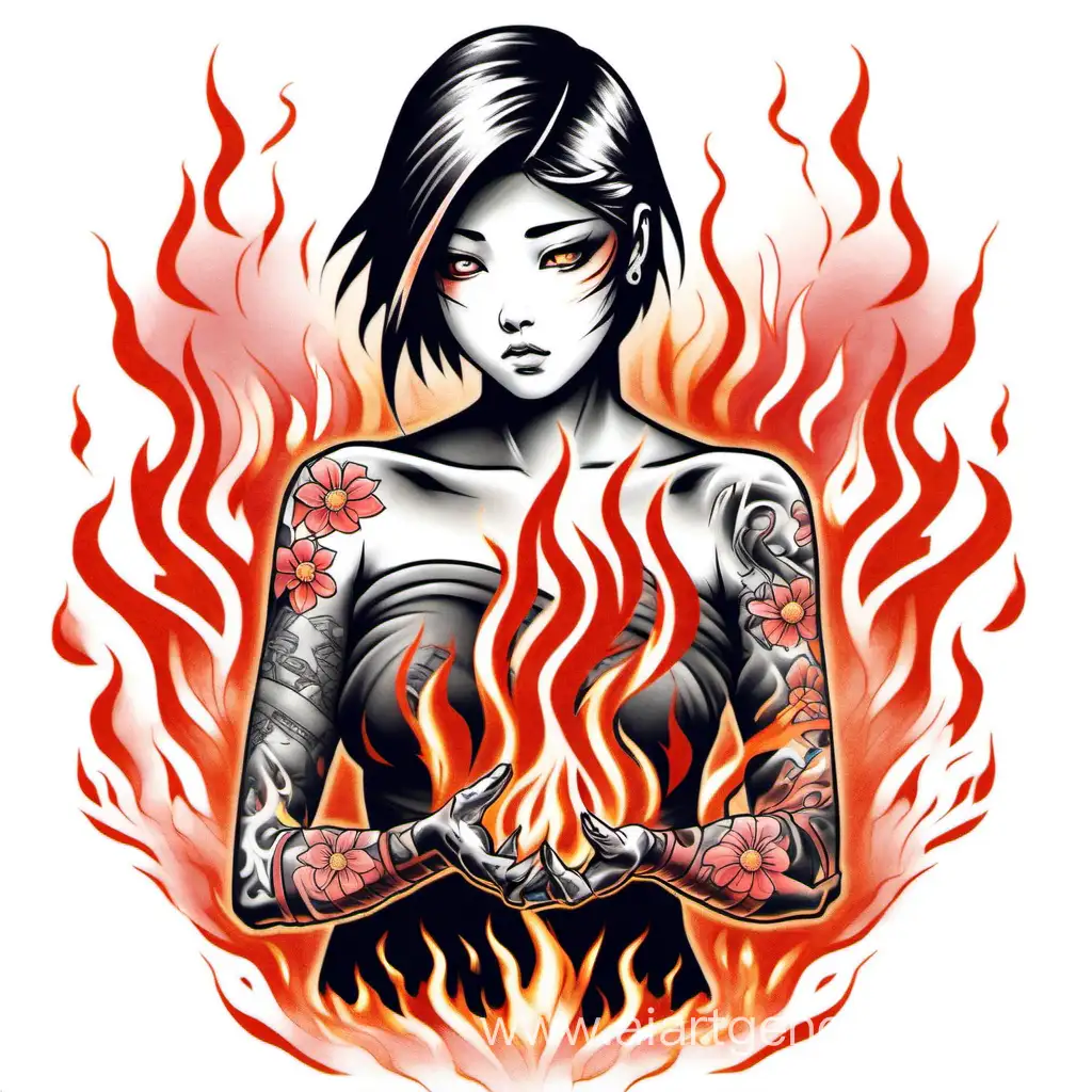 Fiery-Sakura-Tattoo-Design-Captivating-FullArm-Traditional-Anime-Ink
