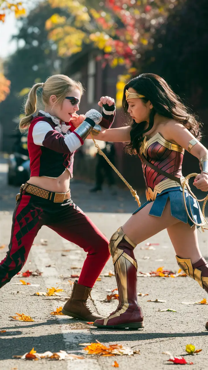 Angry 6 year old Harley Quinn fighting a 6 year old wonder woman on the street. Daylight 