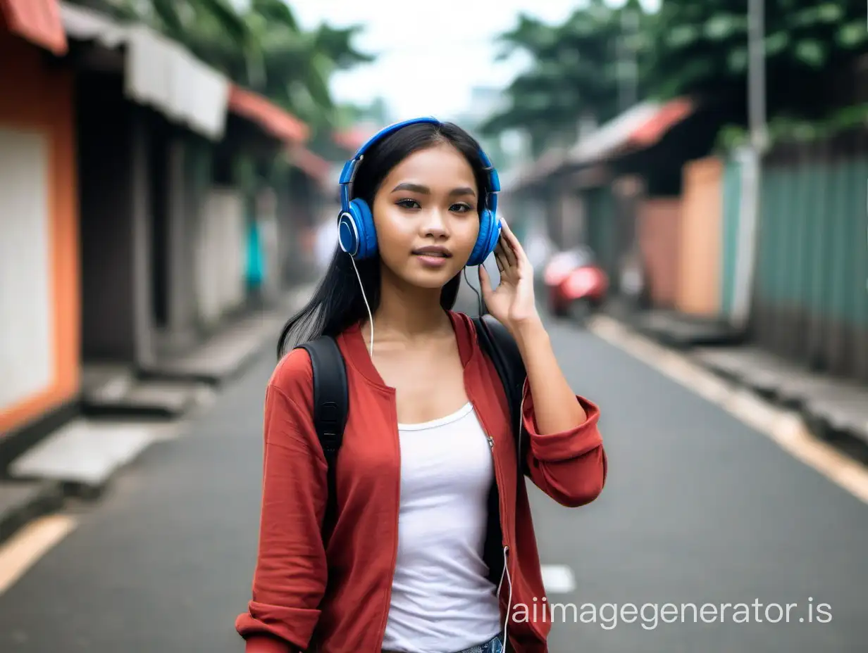 beautiful indonesian girl wearing headphones walking in the street