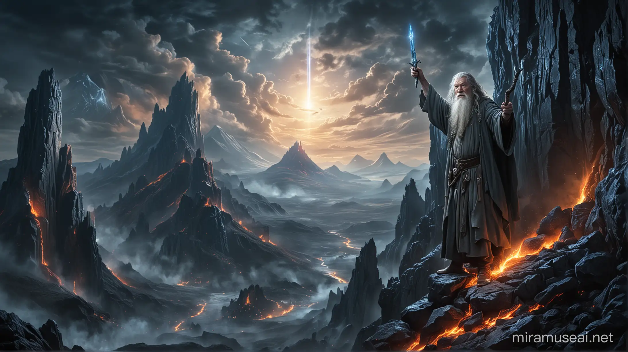 Gandalf the Gray at the edge of a rock cliff doing his eternal pose with arms to the air, holding his staff on the right hand and his elvish dagger on the left hand. Is seen a glowing blue light coming from his staff gem bringing light to a mysterious dark night . Is seen a lot of orcs crawling up the cliff holding torches while the volcano is erupting lava down the mountain in the background.