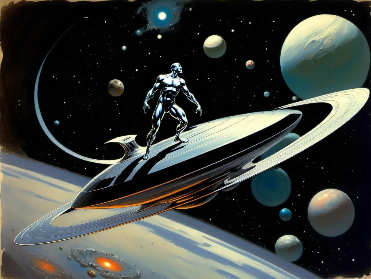 The Silver Surfer on a space ship hovering over Saturn Frank Frazetta style