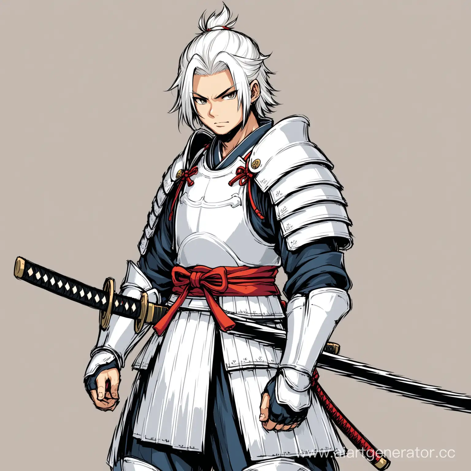 Нарисуй мальчика самурая в белой броне и с катаной в руке. У него должны быть белые волосы. 