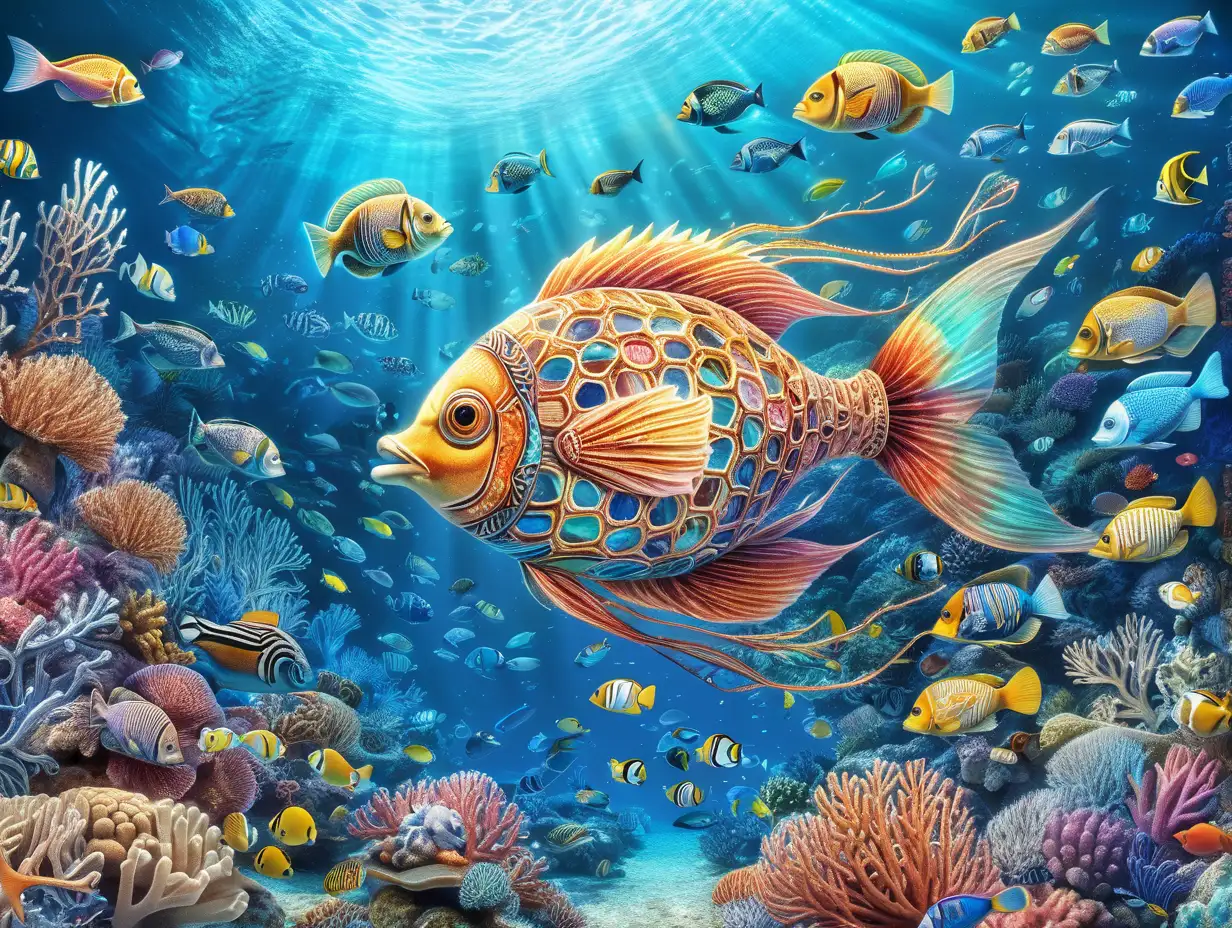 Dive into the world of AI-generated art with a prompt for an underwater reef masterpiece. Request a kaleidoscope of intricately detailed fish, graceful sea creatures, and hidden treasures, brought to life through AI creativity.