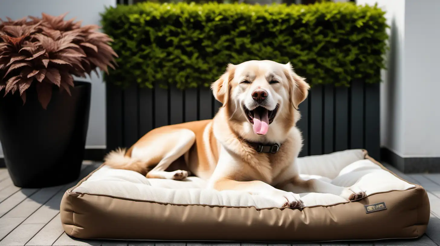 Create an image of a happy dog on the soft dog bed looking downwards. The dog bed is located on the outdoor terrace of the house. The house looks high-end, and expensive, like a wealthy family is living there. The dominant colors of the image shall be muted browns, beiges, and forest greens.  The dog looks happy, with its tongue out, it is looking down like it is sniffing something on the ground. The general mood of the picture shall be relaxation, calmness, and happiness. The dog shall invoke cute feelings, a desire to pet the dog. An owner, a middle age woman, looking neat and pretty, sits next to the dog, looking at it and is petting it.