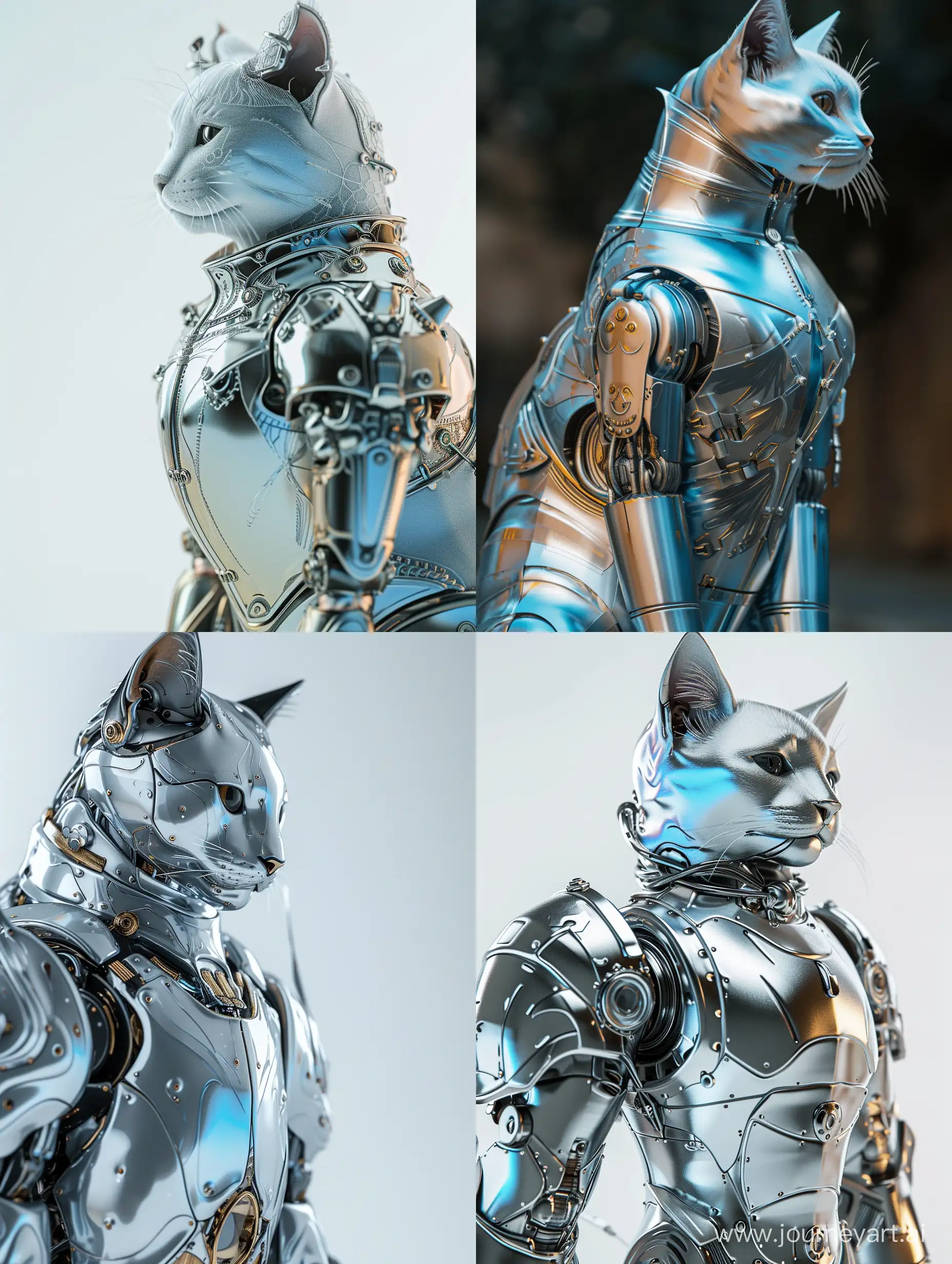 "A breathtaking scene unfolds in the 8k HDR best quality image, showcasing a magnificent Victorian-style robotic cat. Its sleek silver gradient coat shimmers with hints of blue and gold, exuding elegance and sophistication. Every intricate detail of its armor is captured in this professional close-up photograph, perfectly blending the beauty of the Victorian era with stunning realism."