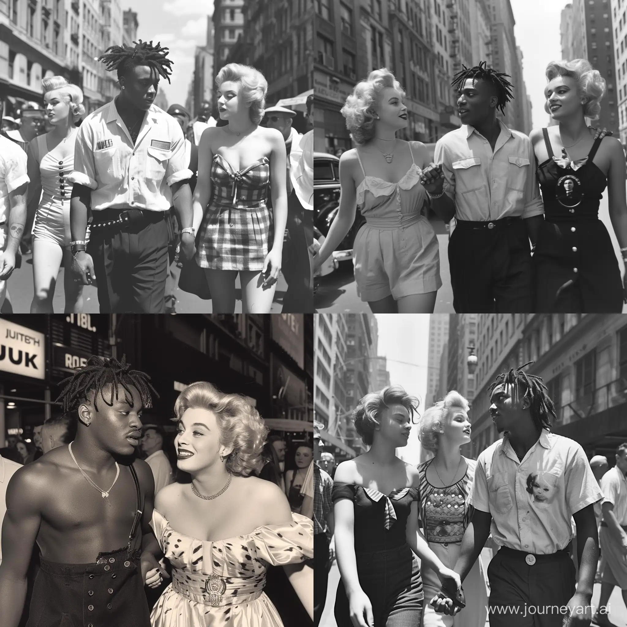 A 1950s Black and White Photograph,Juice WRLD  Walking in new york,Holding hands woth Marilyn Monroe.