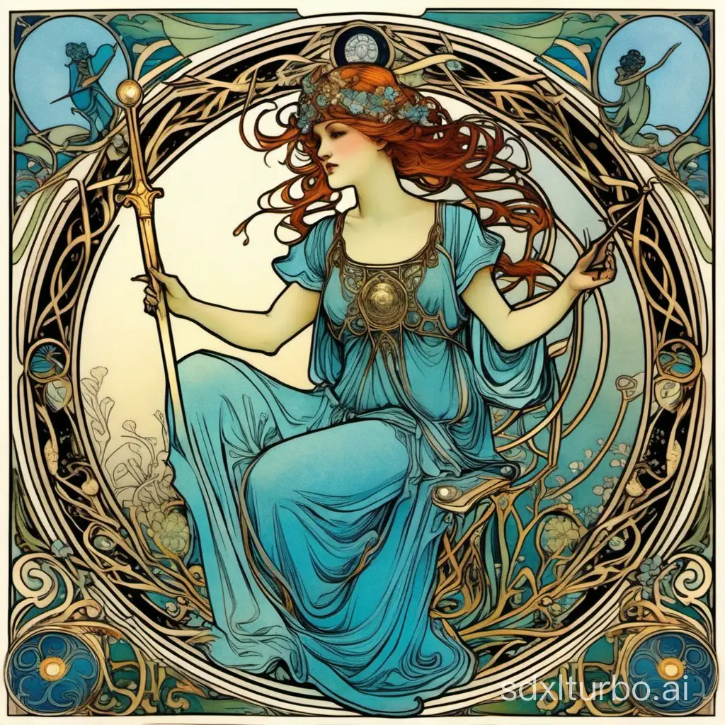 mucha’s style，pure color and blue；colorful;Sagittarius;tarot card form