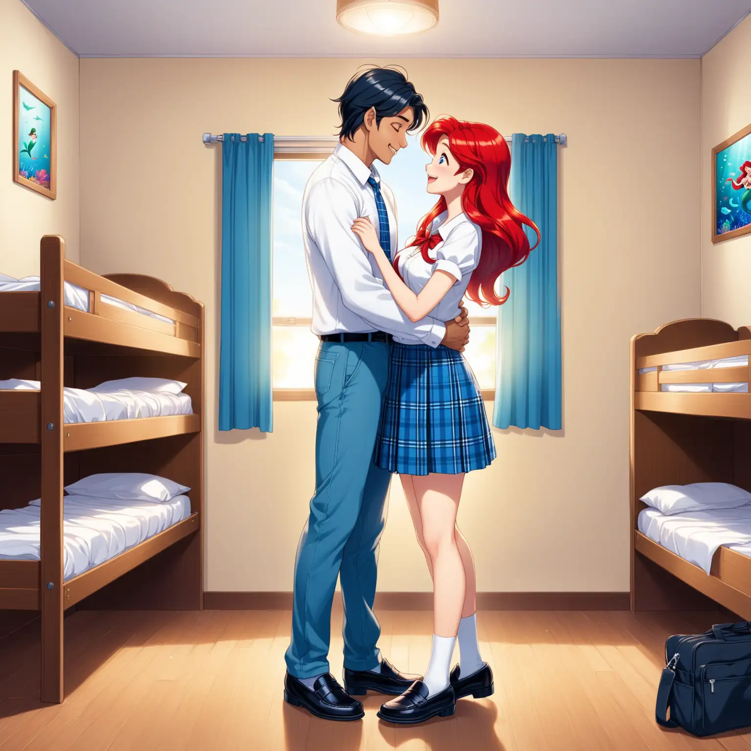 Dans petite chambre d'étudiant, vue de face, couple heureux, Ariel from Little Mermaid, regarde amoureusement sourire d'extase, uniforme scolaire blazer marron et chemise blanche polyester et cravate bleu et jupe courte bleu roi à carreaux bleu foncé et mocassins noirs se blotti  de façon suggestive dans les bras d'un vieil homme andin cheveux gris court, chemise blanche et jeans et baskets noir 