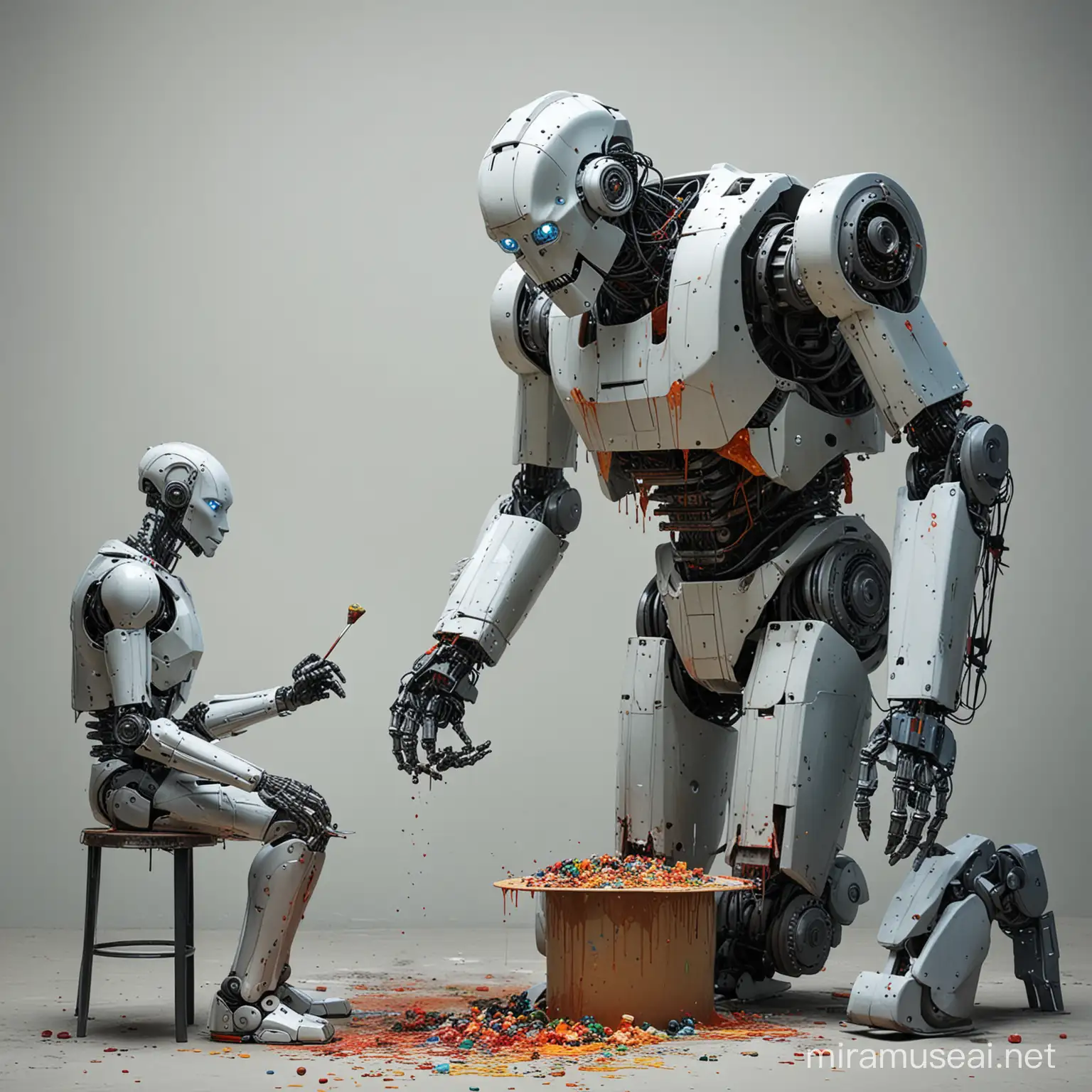 روبوت ويرسم لوحات في وجود إنسان ضخم يأكل بنهم ومخه فارغ