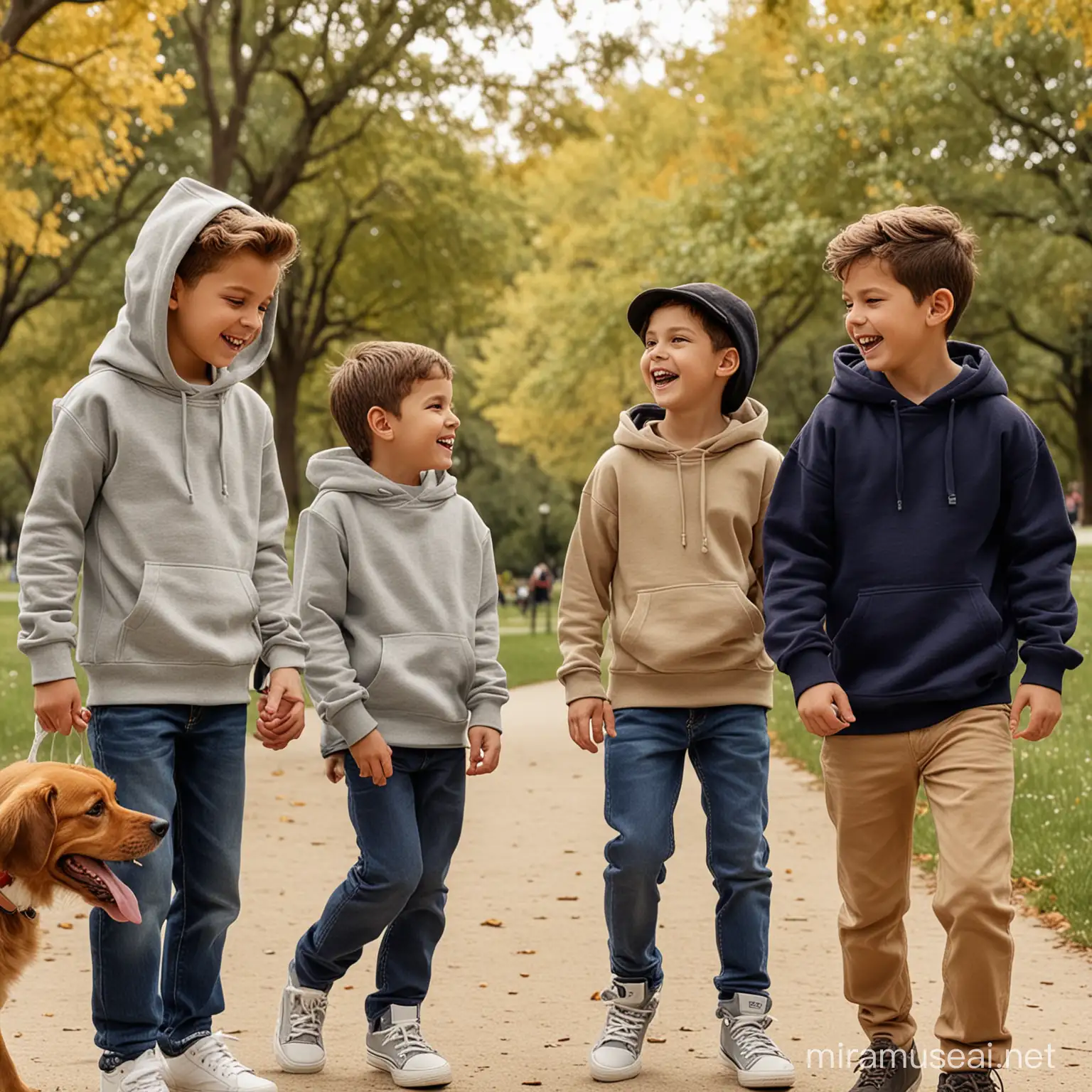 3 boy kids using a hoodie with classic fit, playing in the park with a dog