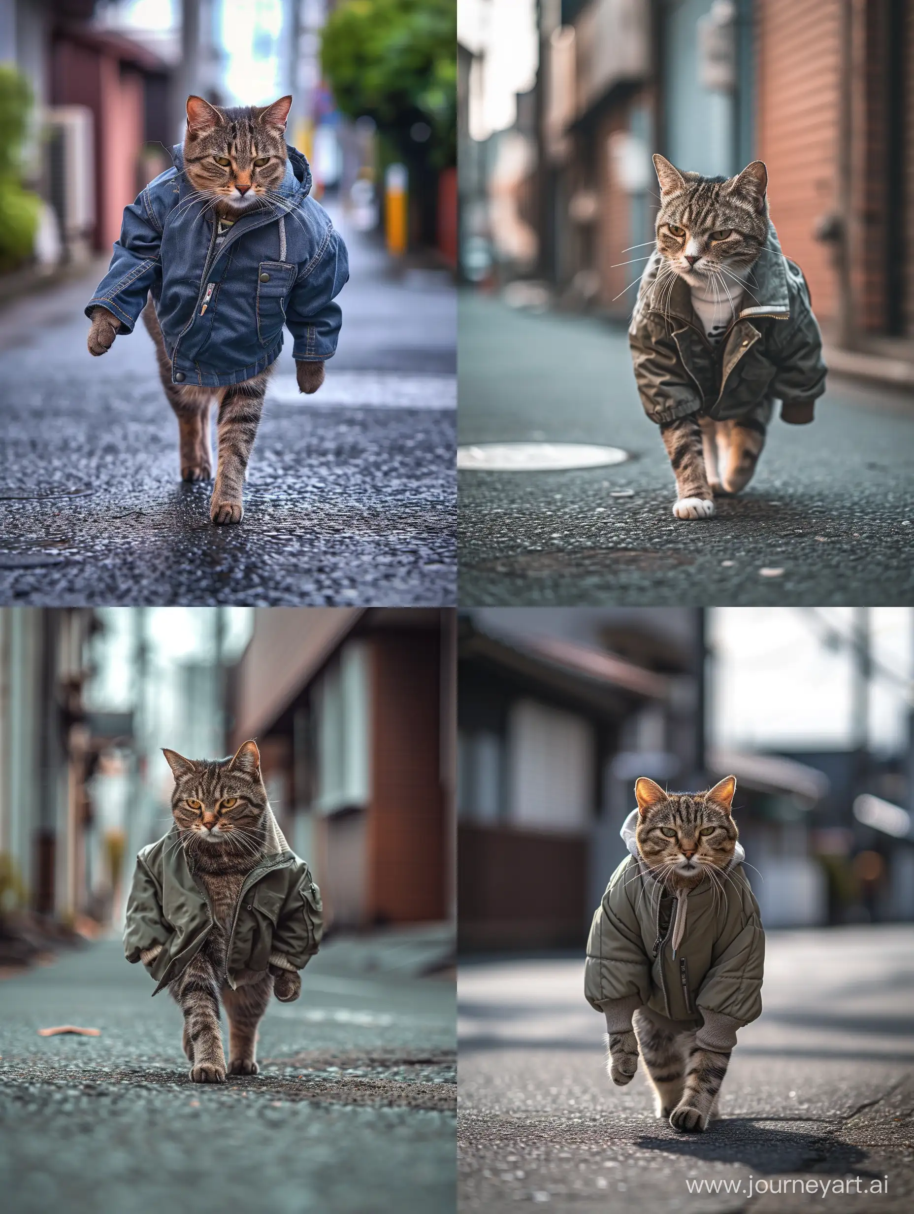 A cat wearing a casual jacket strolls down the street, exuding a fashionable aura. With a human-like posture, it poses like a supermodel. The 8k HDR best quality enhances the image, showcasing a realistic scene.

