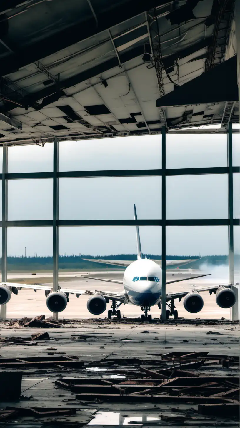 Inside an abandoned airport terminal with a view to the runway where a large jet engine lies on the ground