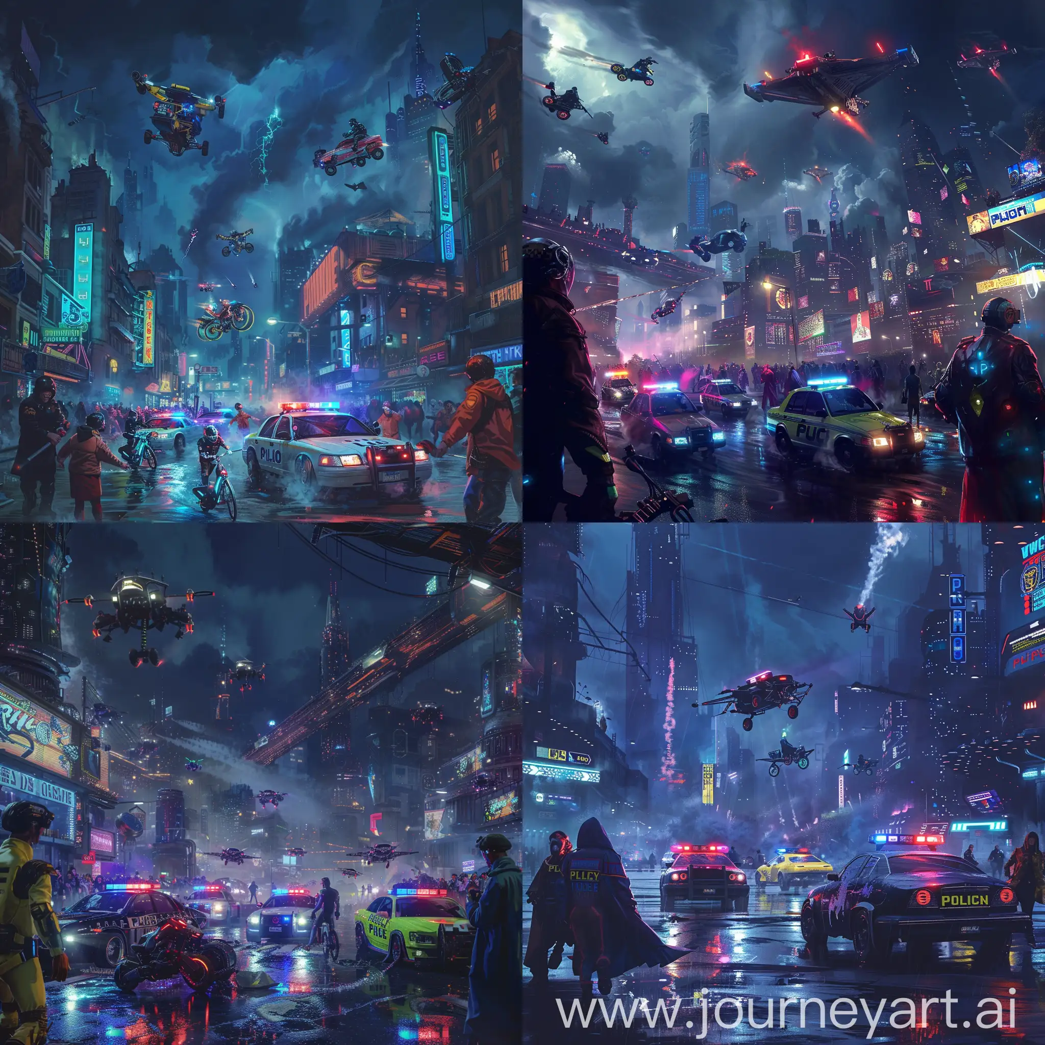 Cyberpunk city, dark sky, people dressed in neon colored clothing, futuristic police cars chasing flying bikes