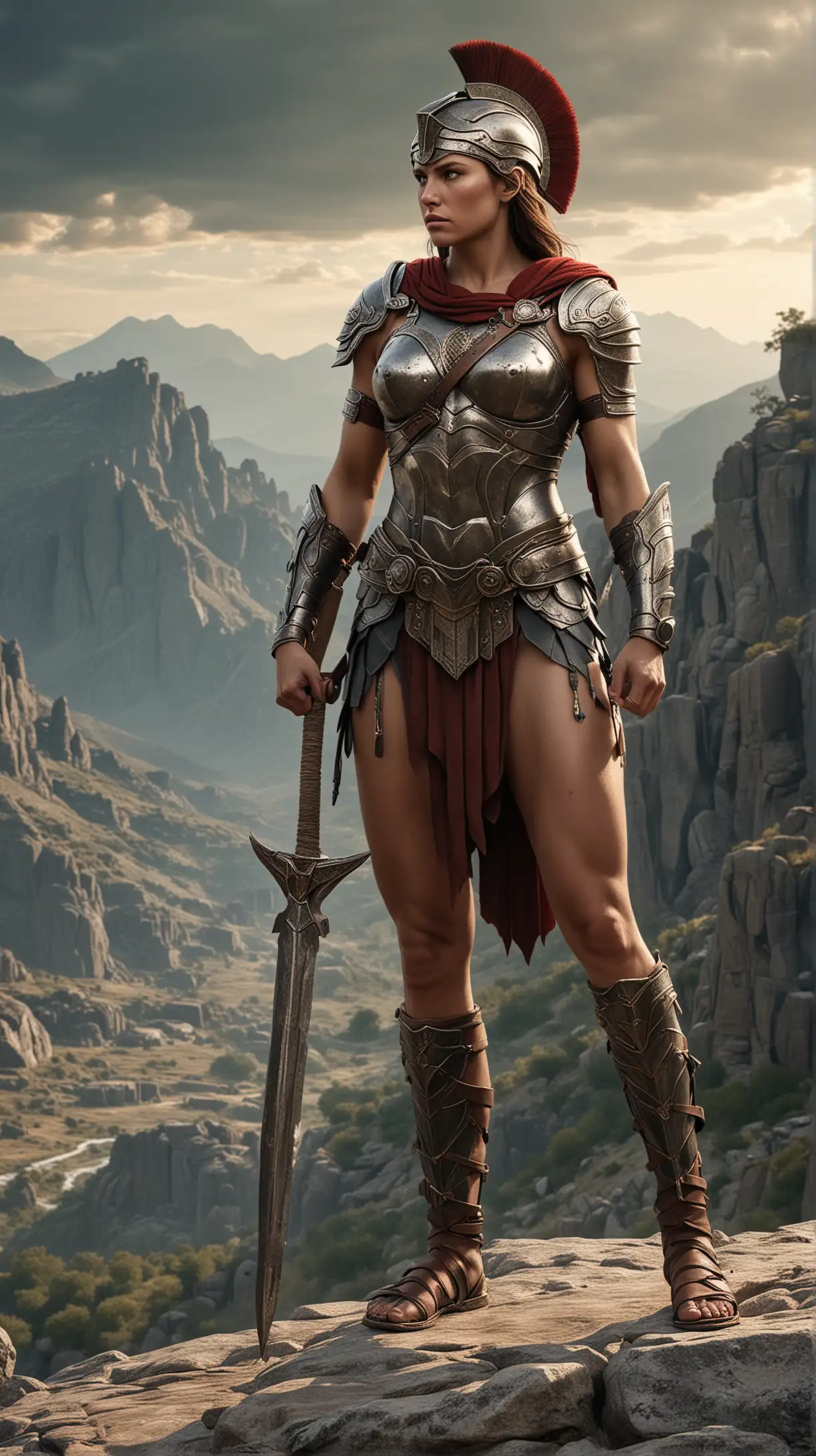 Generate an image depicting a Spartan woman, fierce and determined, adorned in traditional Spartan armor, standing atop a rocky outcrop with the backdrop of a rugged mountain landscape. Show her holding a spear confidently, with a stoic expression reflecting her strength and resilience. hyper realistic
