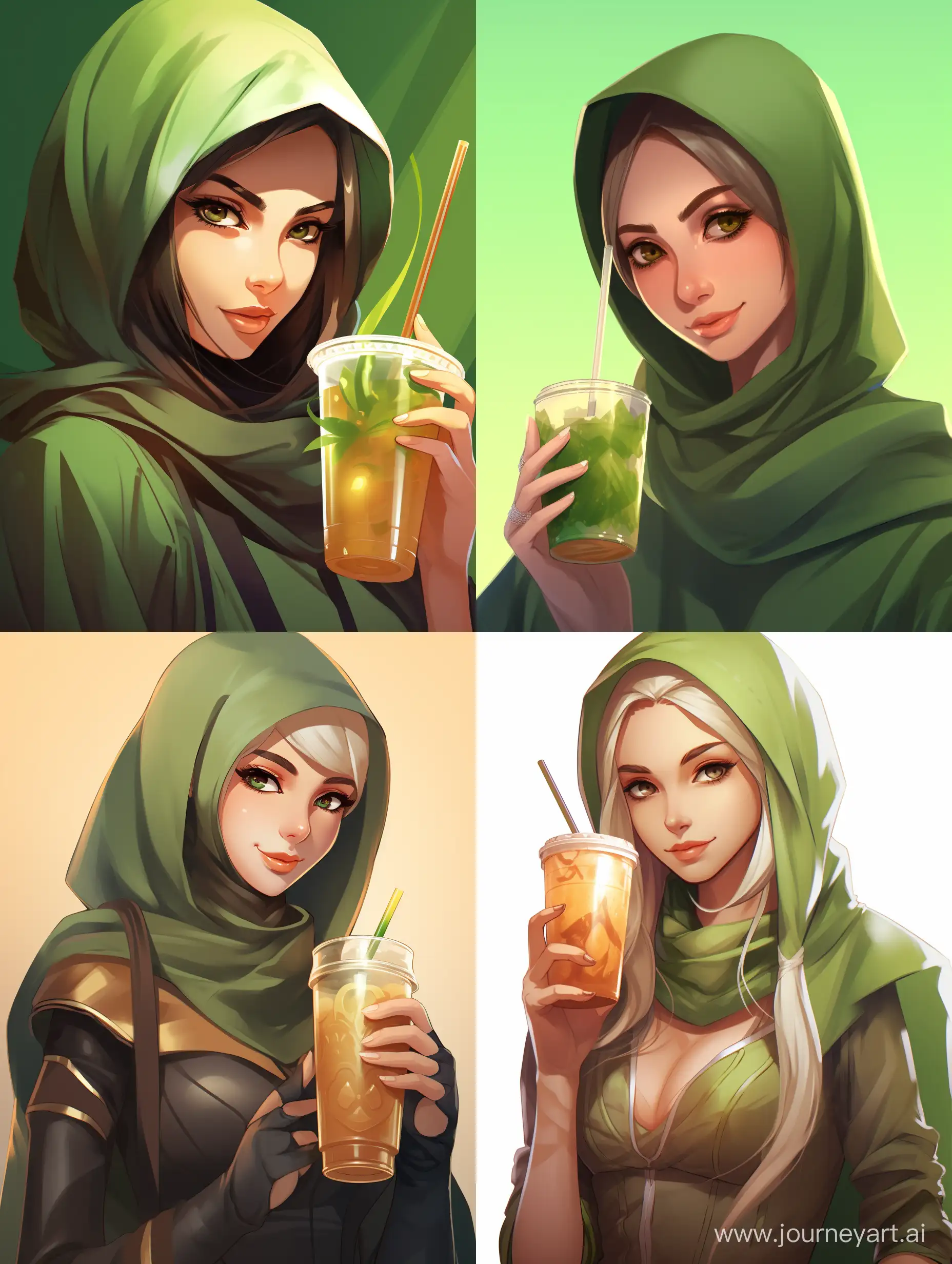 Elegant-Muslim-Woman-Enjoying-Green-Tea-in-Vector-Style