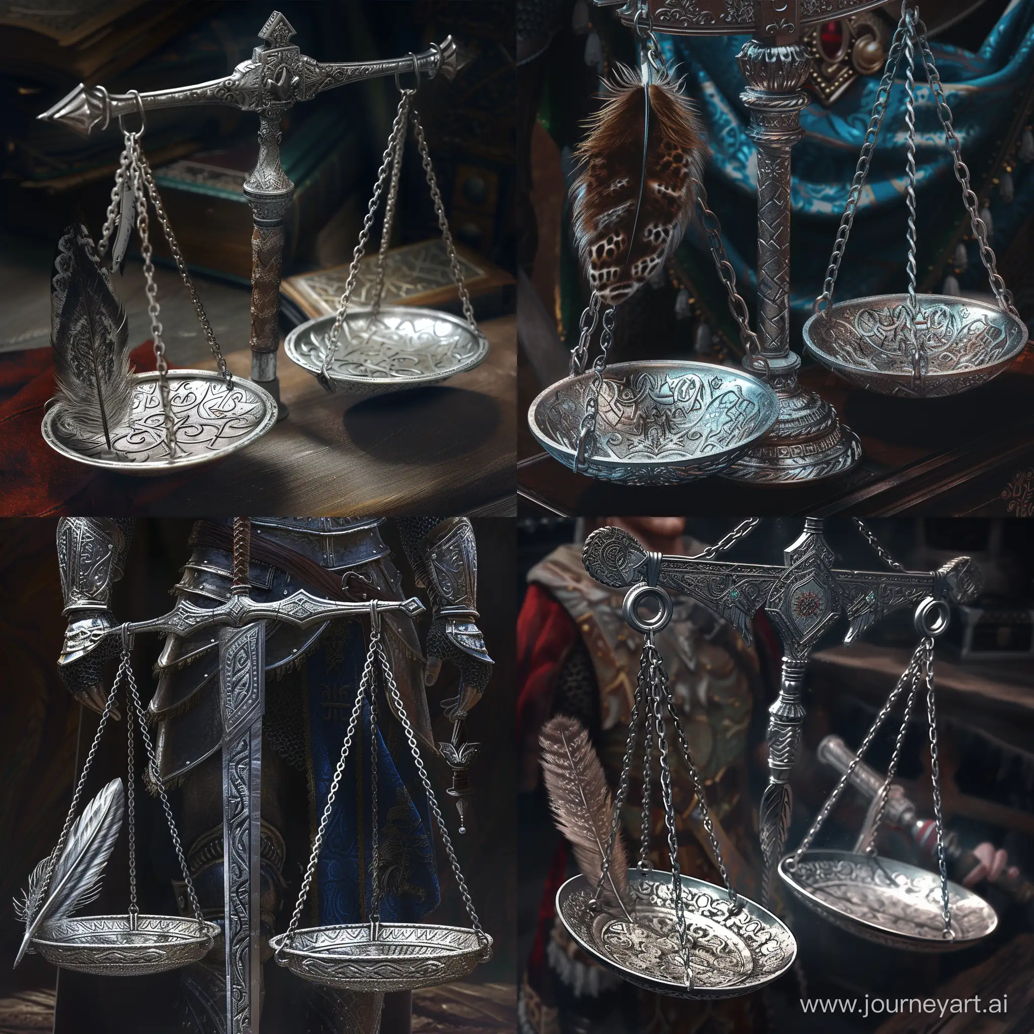 Draw art: silver scales with beautiful patterns, a feather in his left tray, and a decorated dagger in his right. All this is in the style of the game Crusader kings 3.