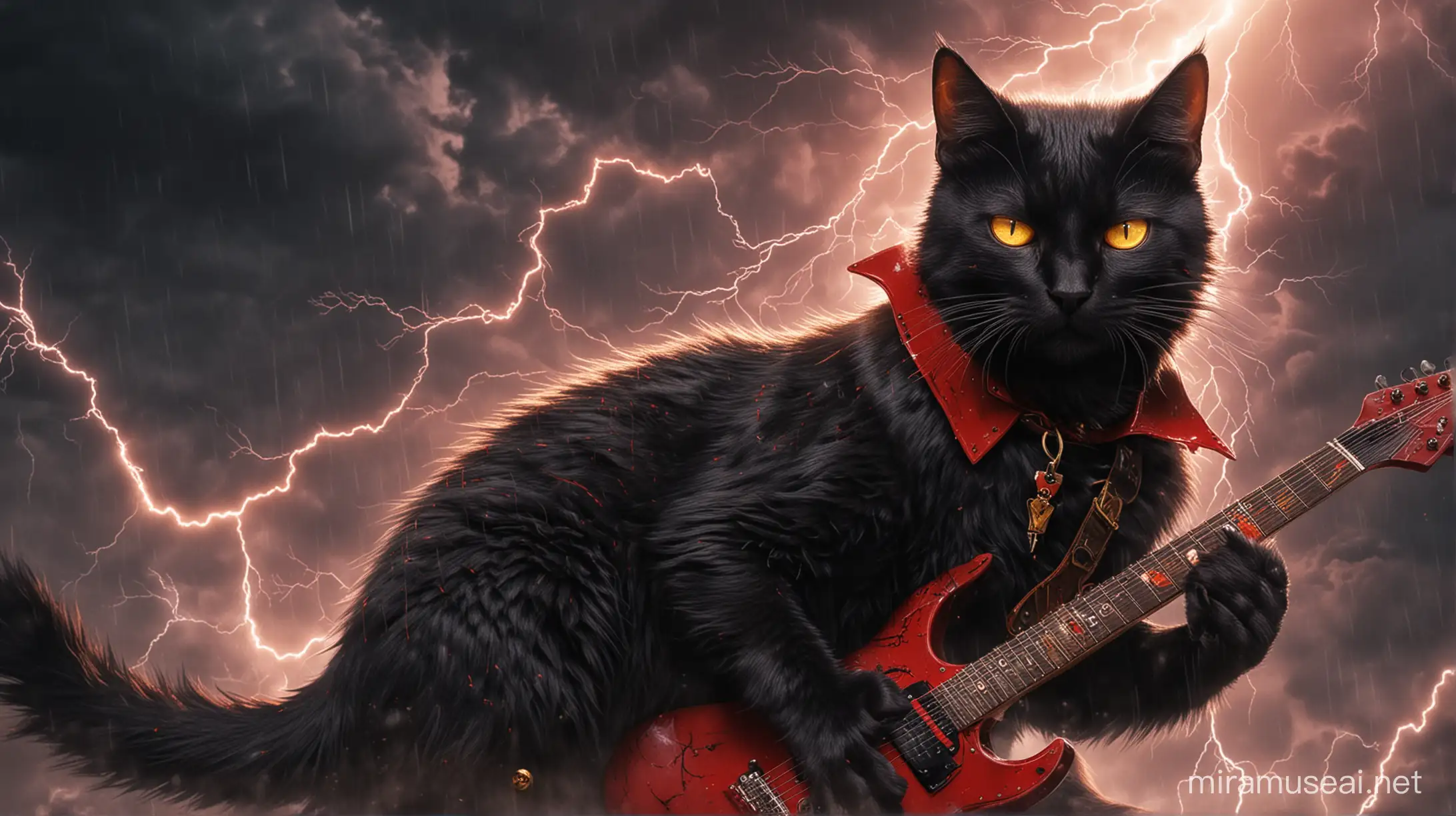 black cat, yellow eyes, red collar around the neck, hell, storm, lightning, electric guitar