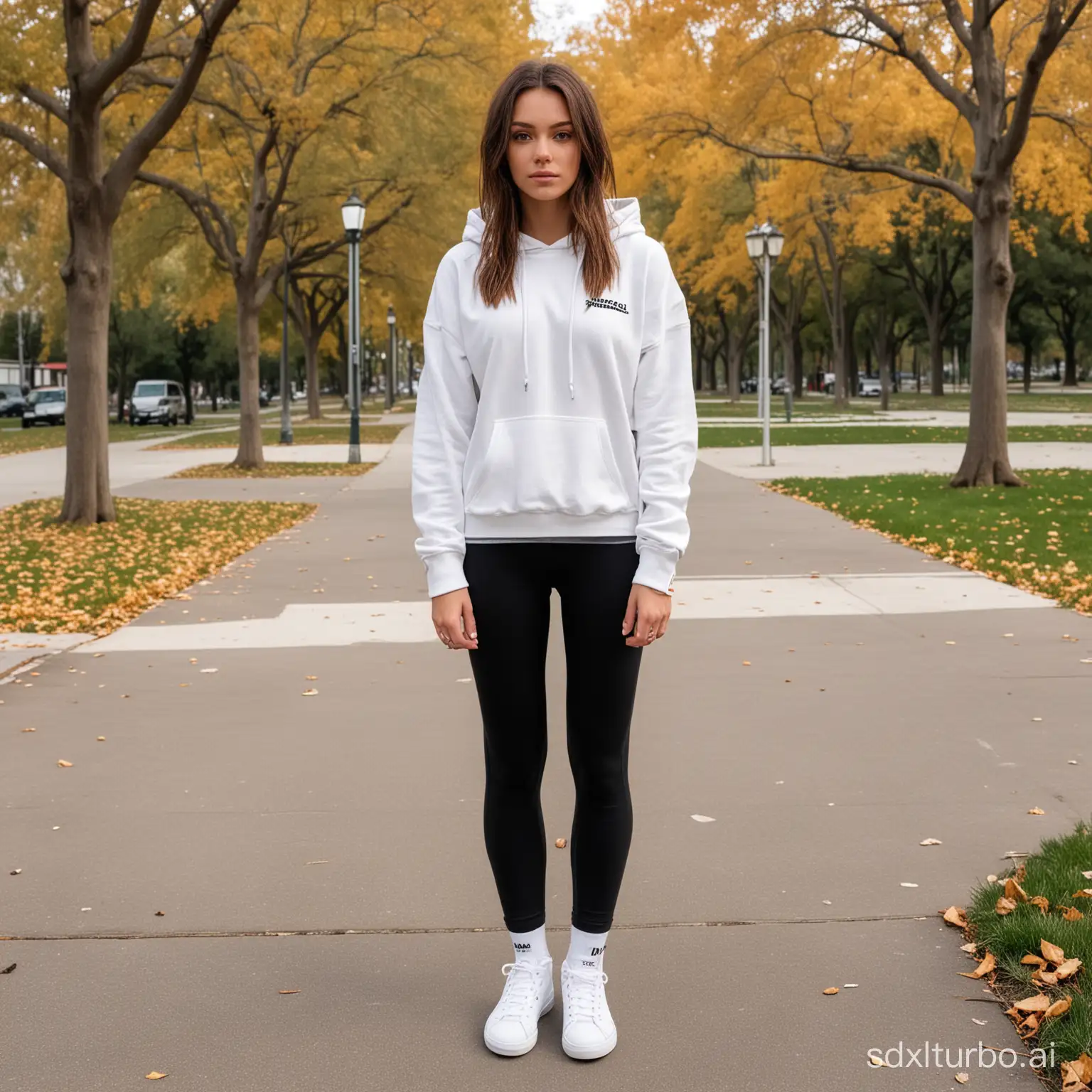 Girl stands in an epic pose with her legs shoulder-width apart, torso slightly turned to the left, 17, athletic, muscular, regular white hoodie, black tight leggings, white high top sneakers, white socks, many details, style raw, long strong thick legs, outside in a park, high angle, 32k, realistic photograph.
