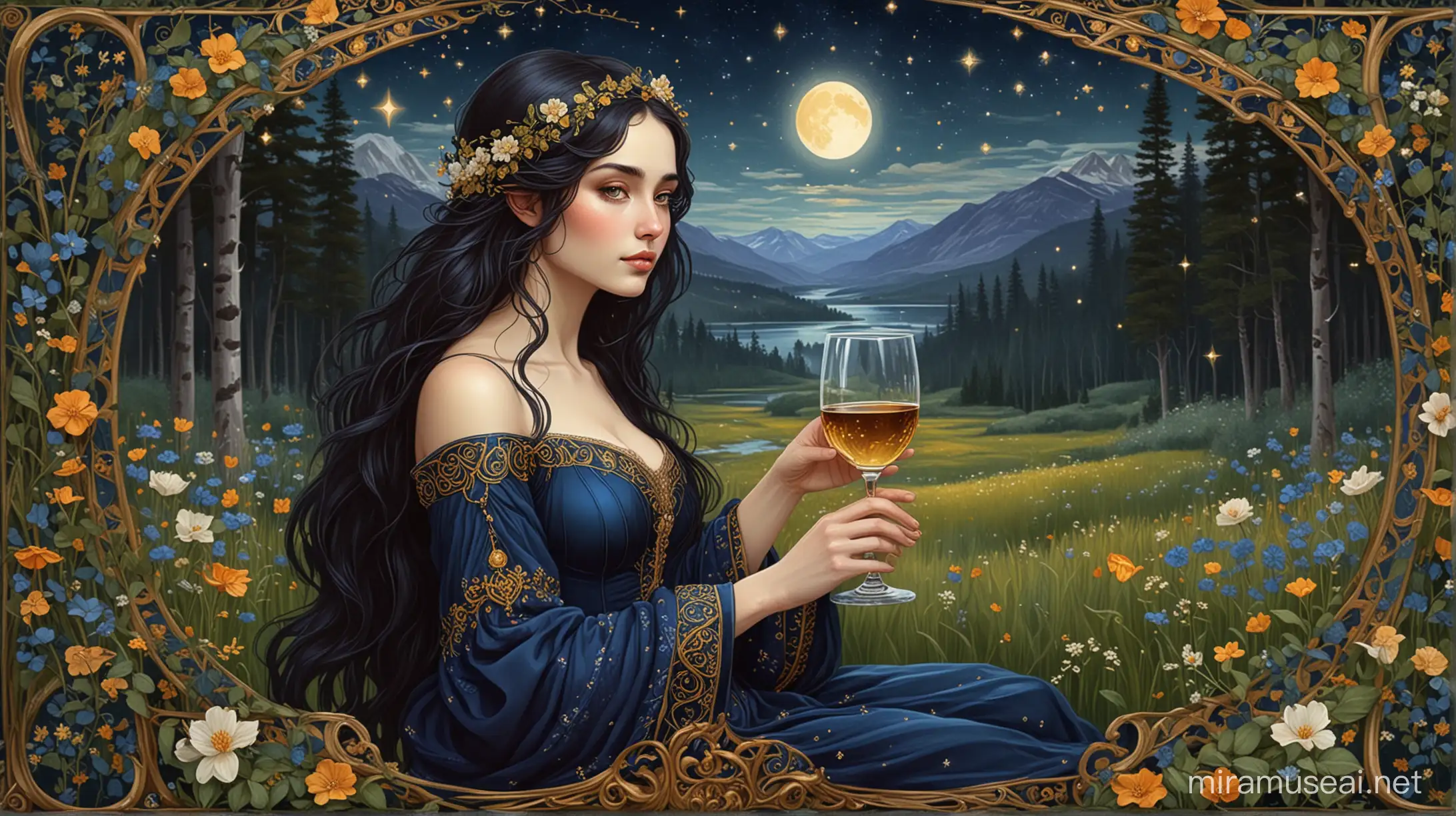 Enchanting Elf Maiden Savoring Wine Amidst Moonlit Birch Grove