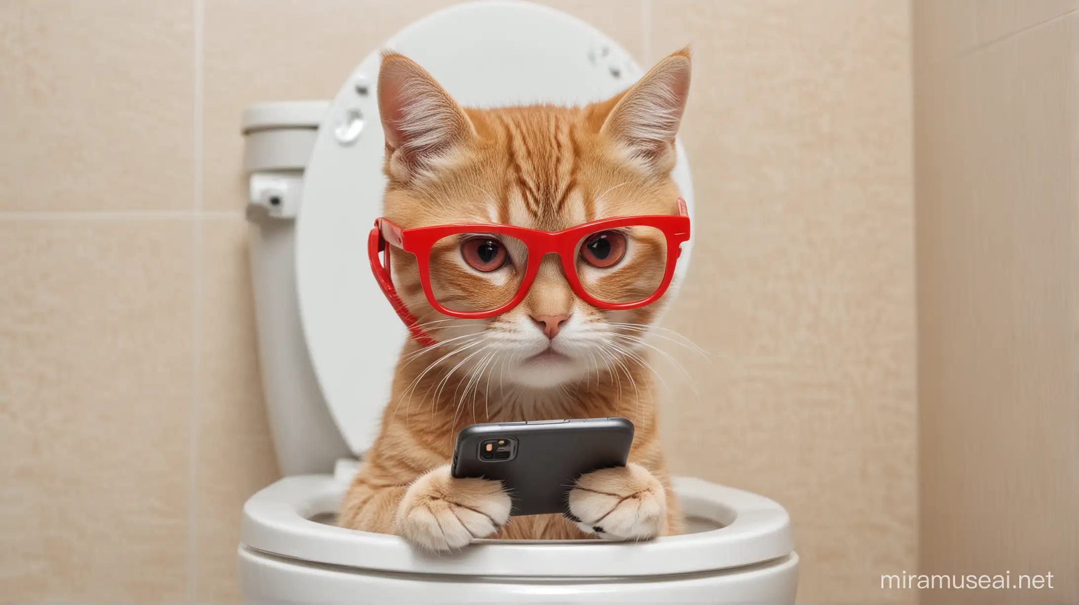 A little cat wearing red glasses is playing on the phone in the toilet.